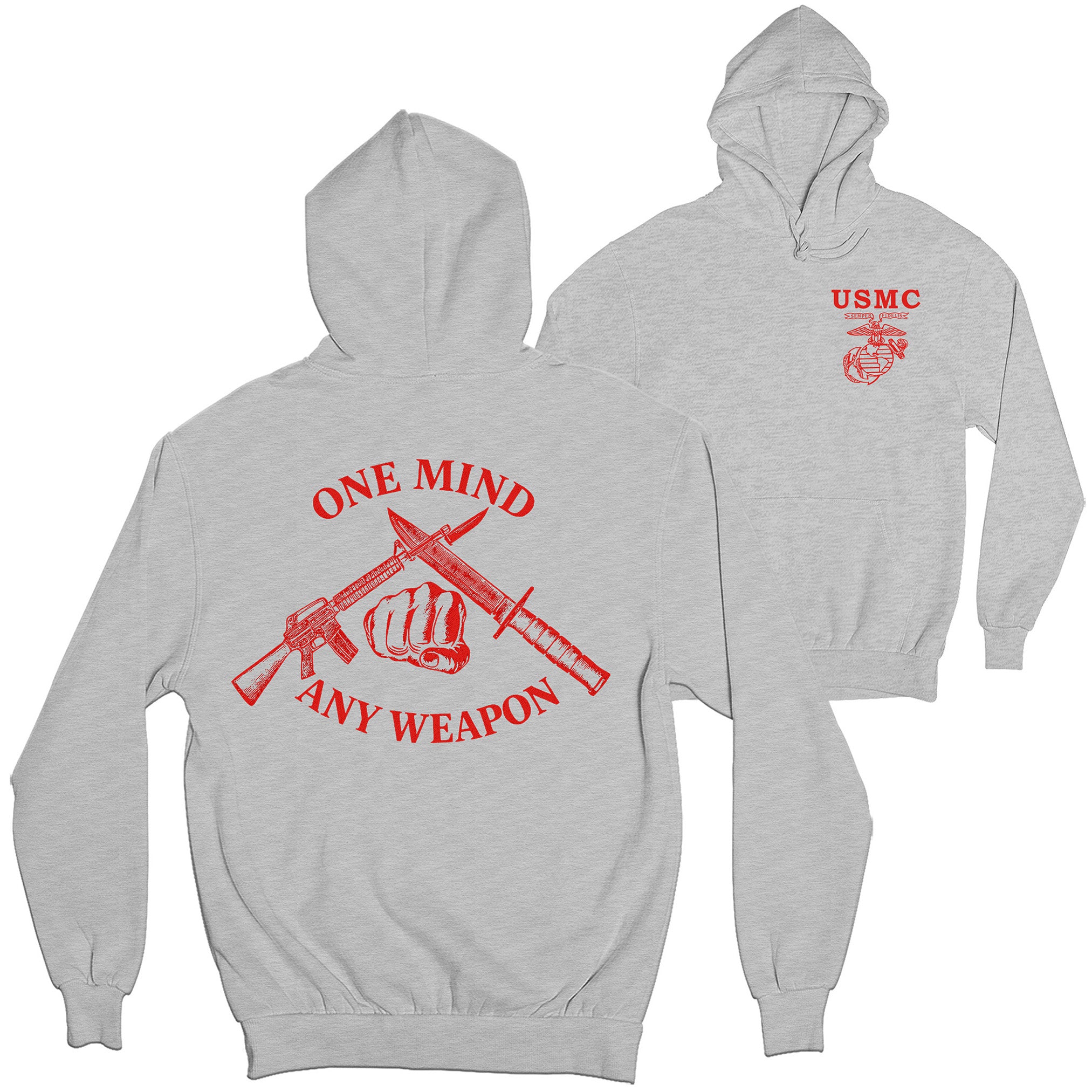 Gray Marines Fight Club Hoodie with left-chest USMC Eagle Globe and Anchor and back graphic reading ‘One Mind Any Weapon’ with crossed riffle and knife and clenched fist.