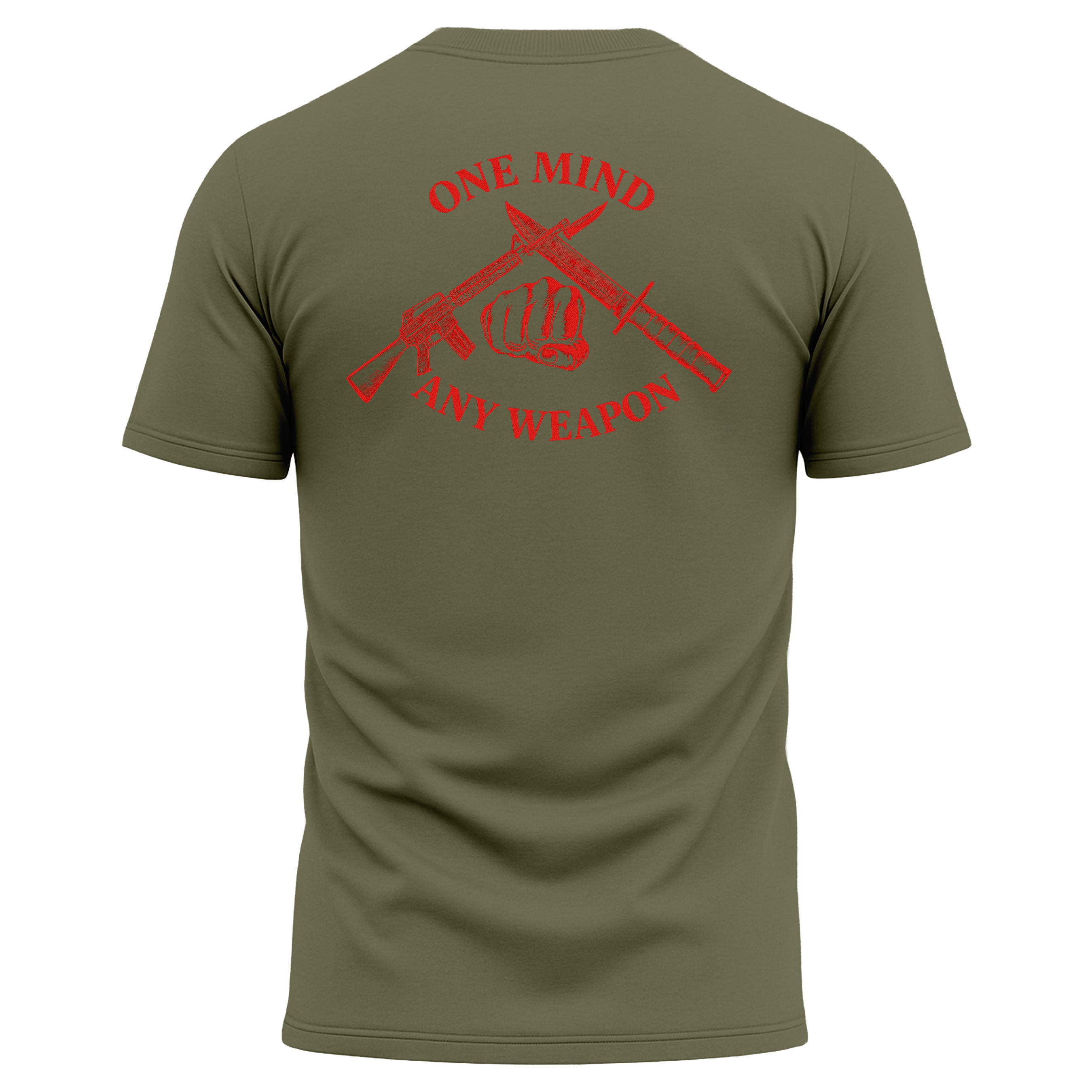 Green Marines Fight Club Performance Tee with back graphic reading ‘One Mind Any Weapon’ with crossed riffle and knife and clenched fist.