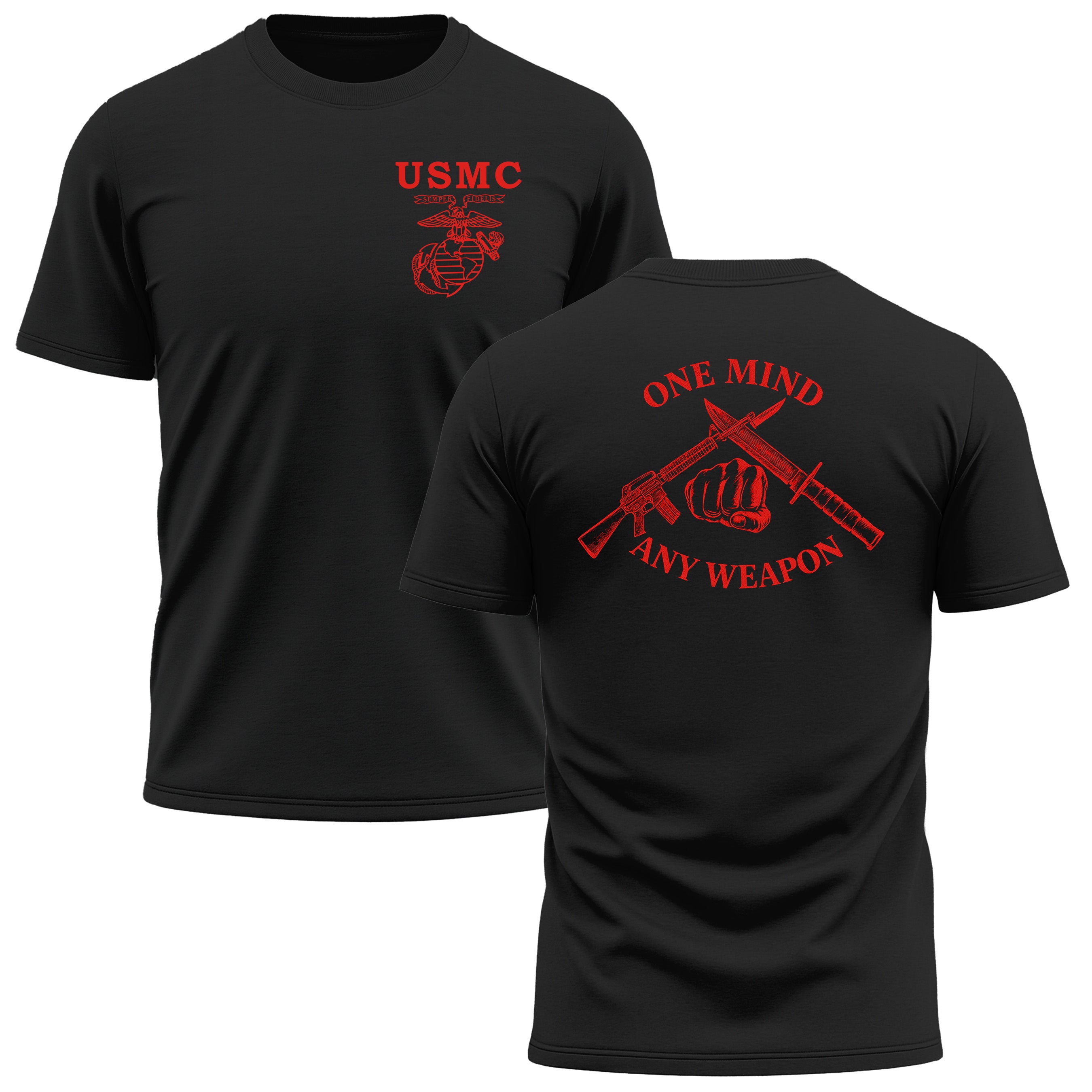 Black Marines Fight Club Performance Tee with chest EGA and back graphic reading ‘One Mind Any Weapon’ with crossed riffle and knife and clenched fist.