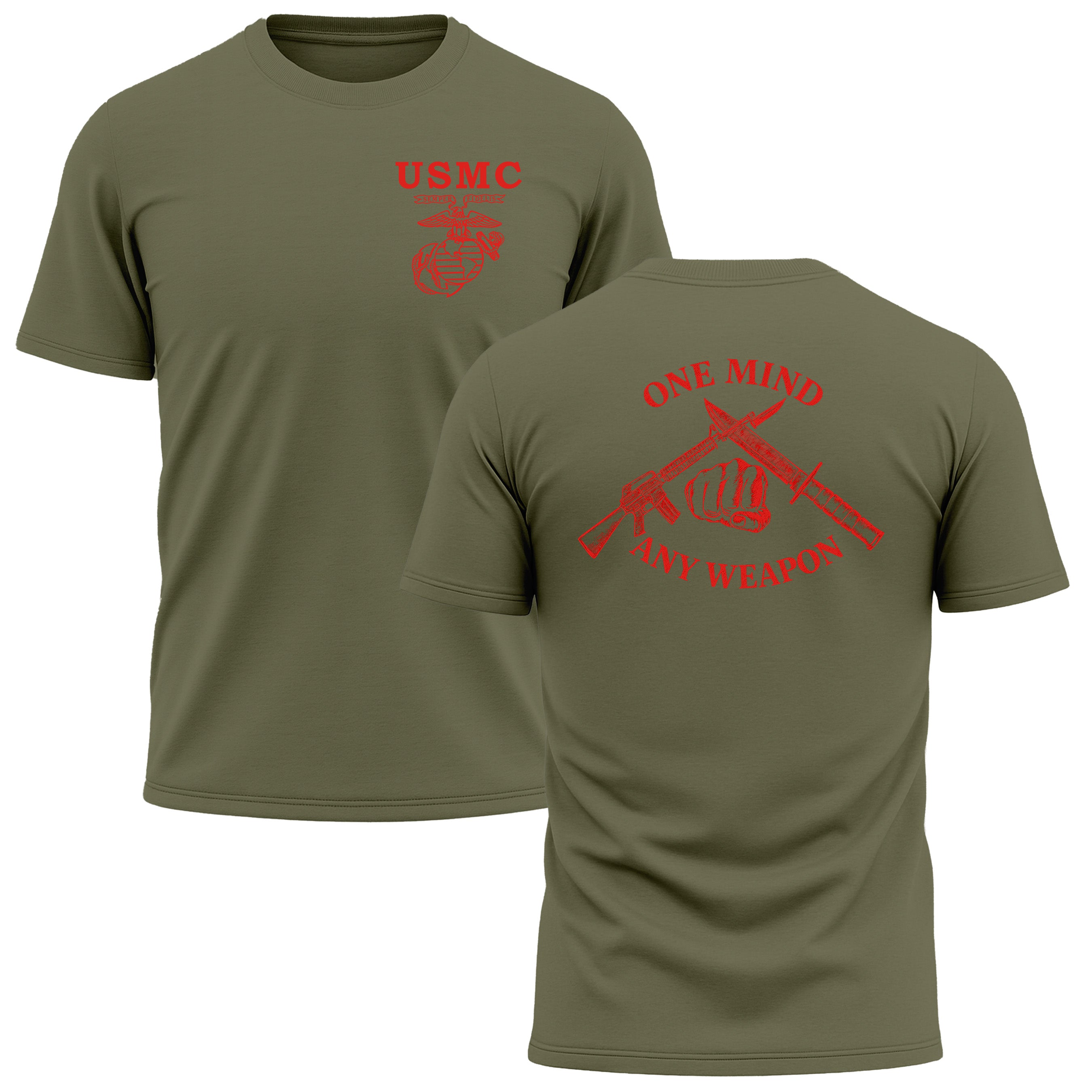 Green Marines Fight Club Performance Tee with chest EGA and back graphic reading ‘One Mind Any Weapon’ with crossed riffle and knife and clenched fist.