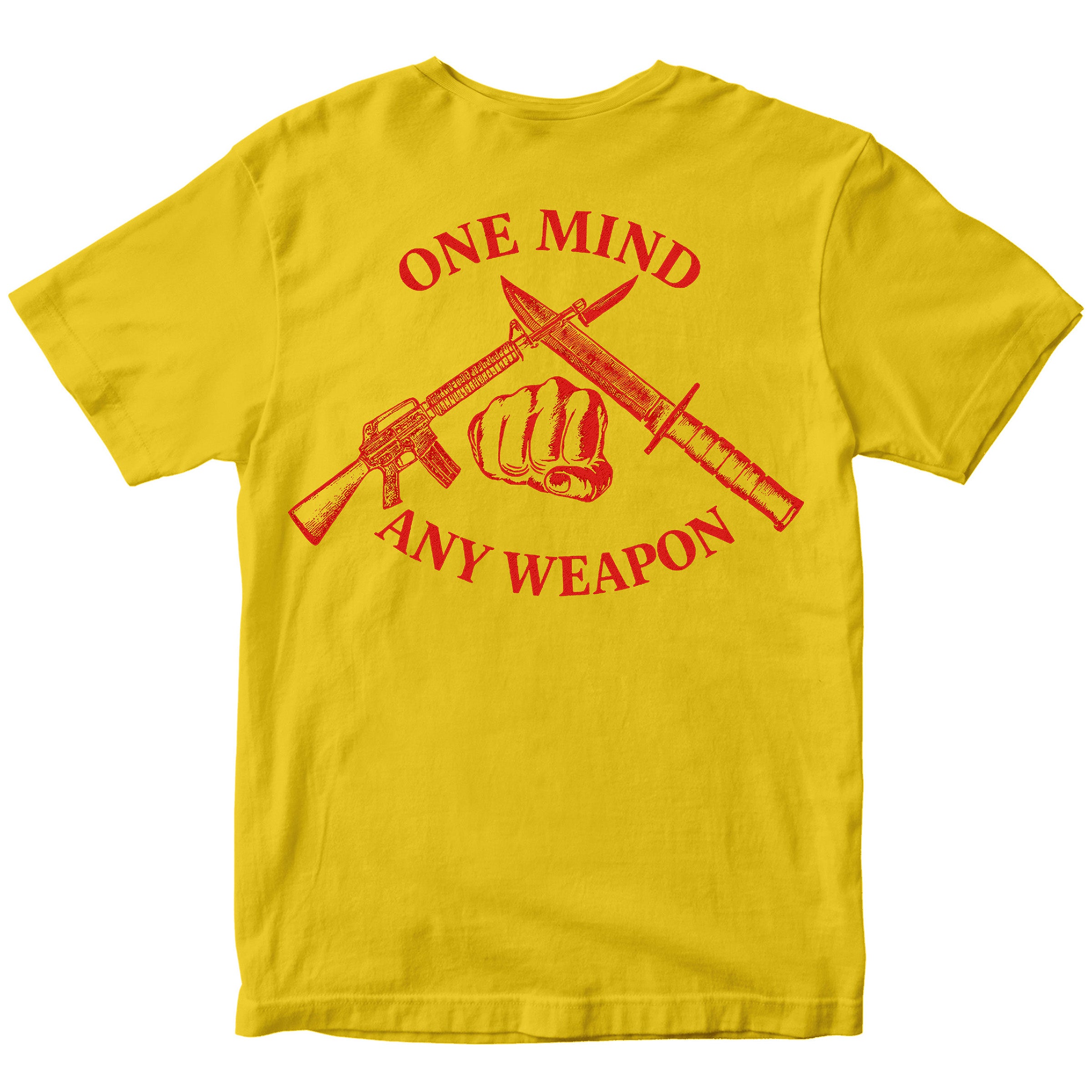 Gold Marines Fight Club T-shirt with back graphic reading ‘One Mind Any Weapon’ with crossed riffle and knife and clenched fist.