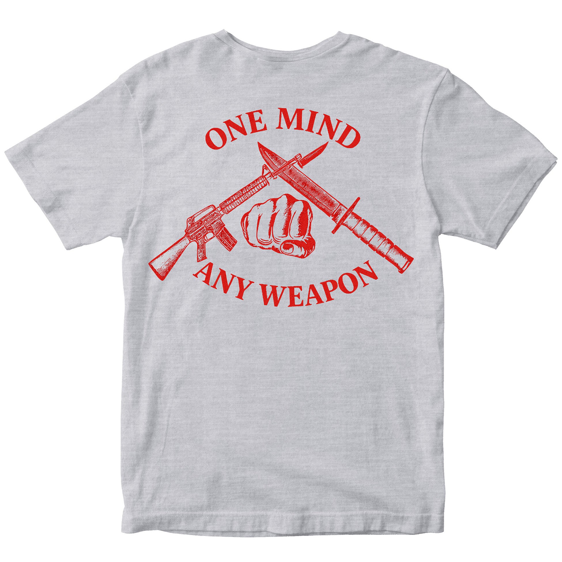 Gray Marines Fight Club T-shirt with back graphic reading ‘One Mind Any Weapon’ with crossed riffle and knife and clenched fist.