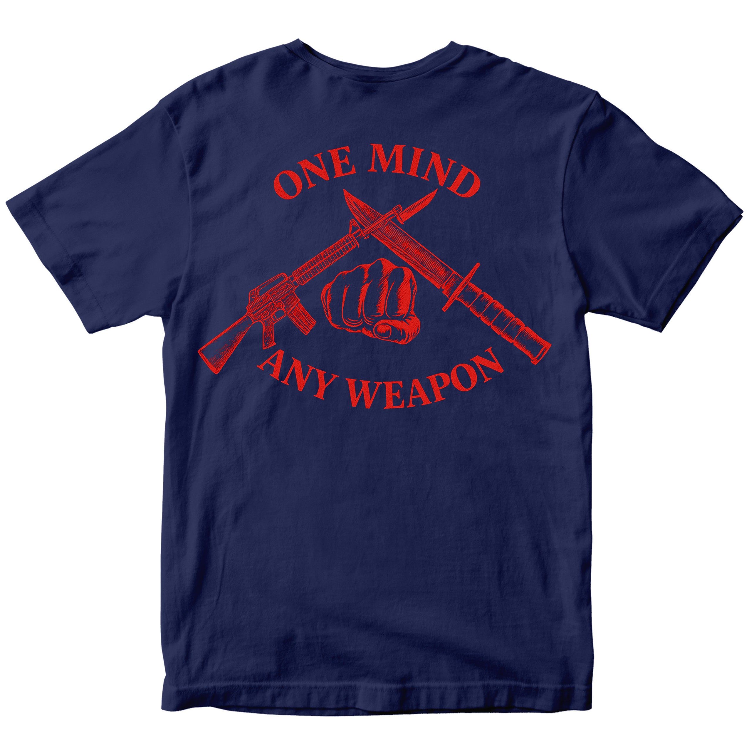 Navy Blue Marines Fight Club T-shirt with back graphic reading ‘One Mind Any Weapon’ with crossed riffle and knife and clenched fist.