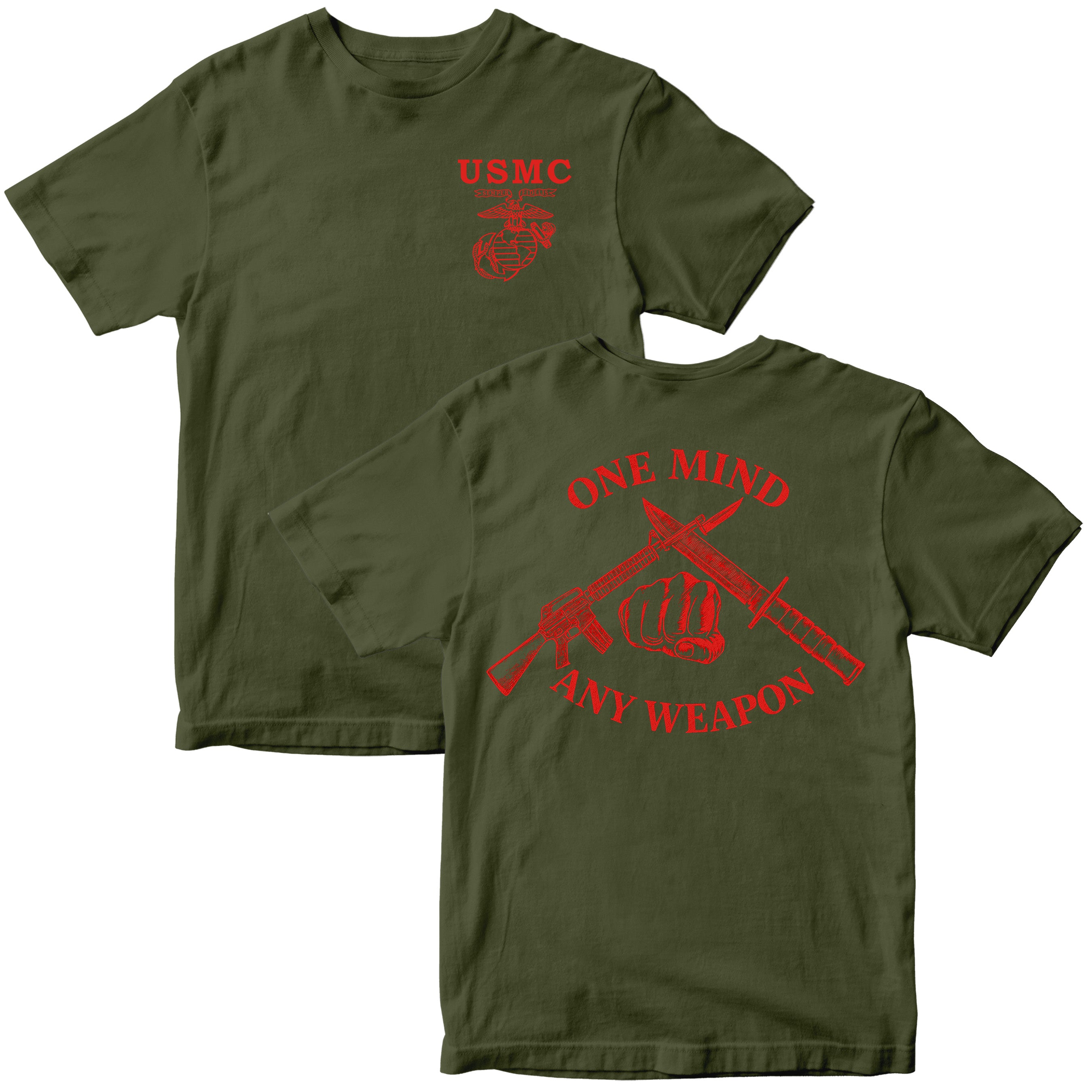 Green Marines Fight Club T-shirt with left-chest USMC Eagle Globe and Anchor and back graphic reading ‘One Mind Any Weapon’ with crossed riffle and knife and clenched fist.
