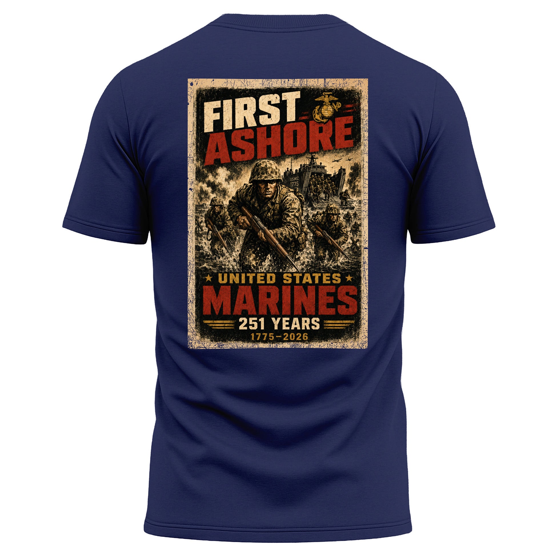 Navy USMC 251st Birthday First Ashore performance T-shirt with Marines landing graphic