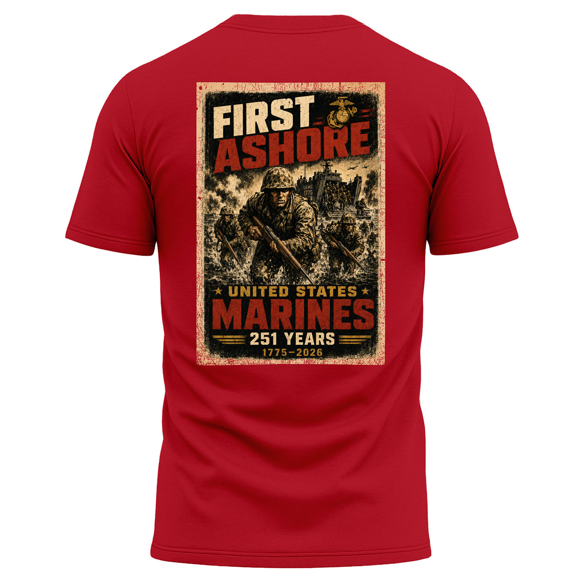 Red USMC 251st Birthday First Ashore performance T-shirt with Marines landing graphic