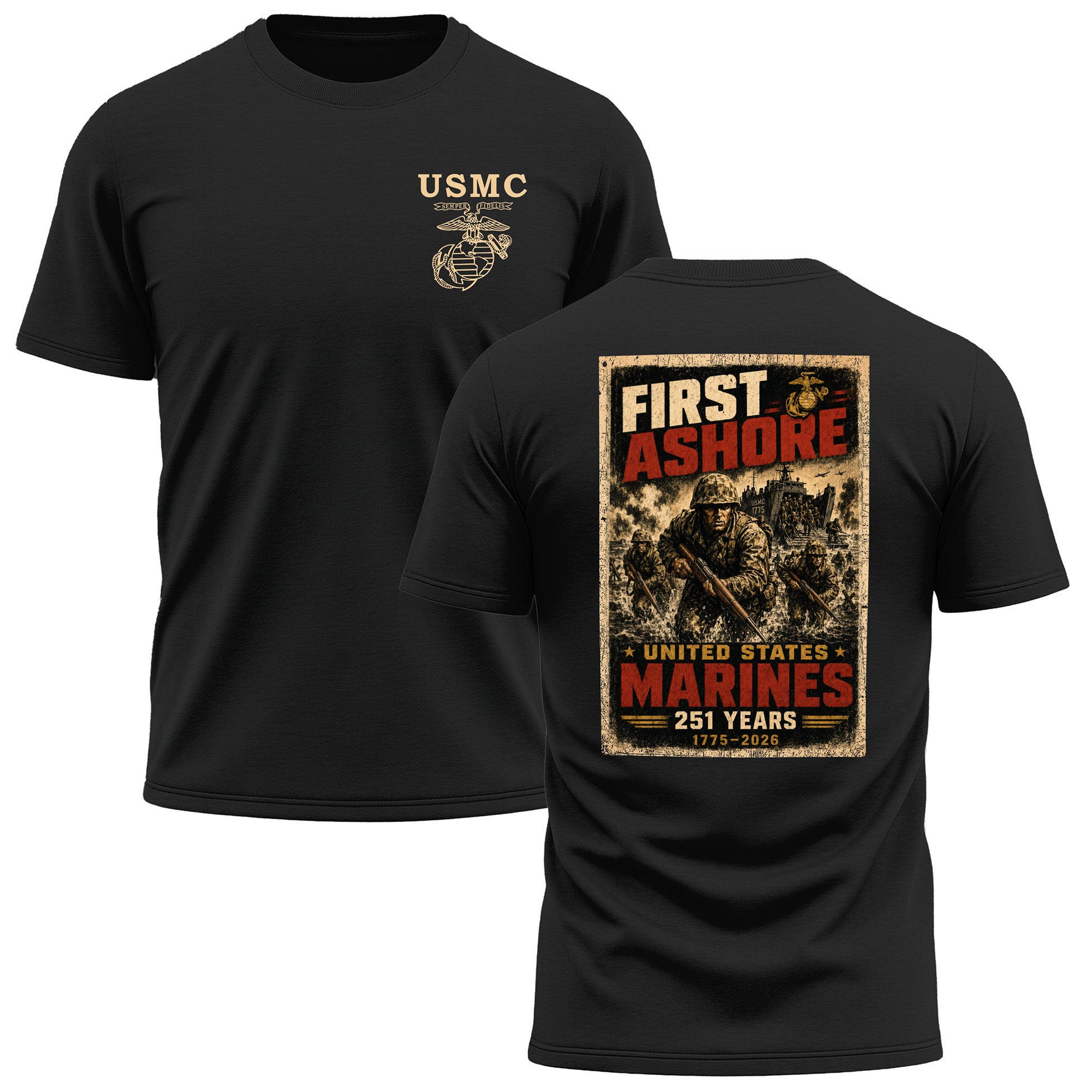 Black USMC 251st Birthday First Ashore performance T-shirt with Marines landing graphic and Old School Eagle Globe and Anchor chest seal