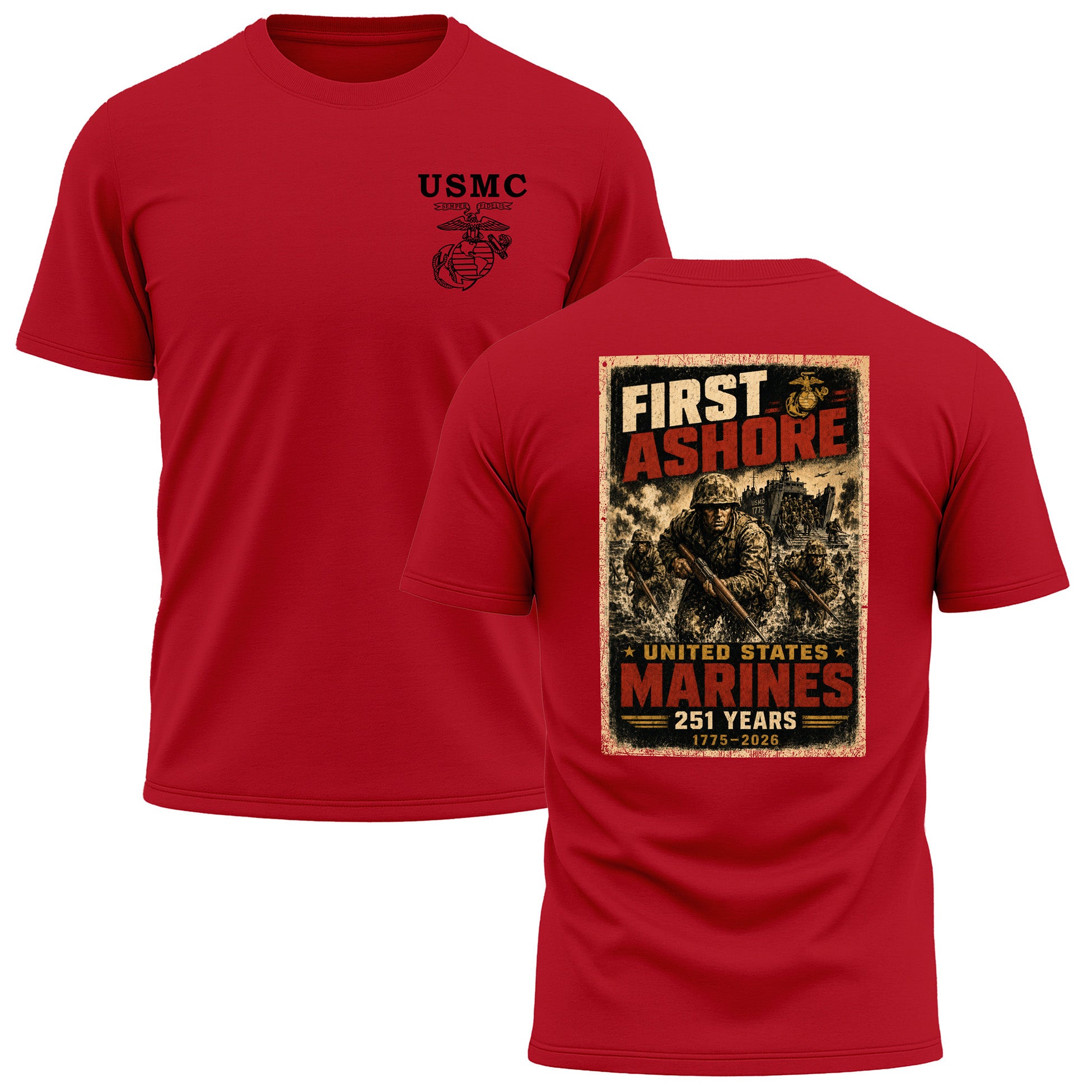 Red USMC 251st Birthday First Ashore performance T-shirt with Marines landing graphic and Old School Eagle Globe and Anchor chest seal