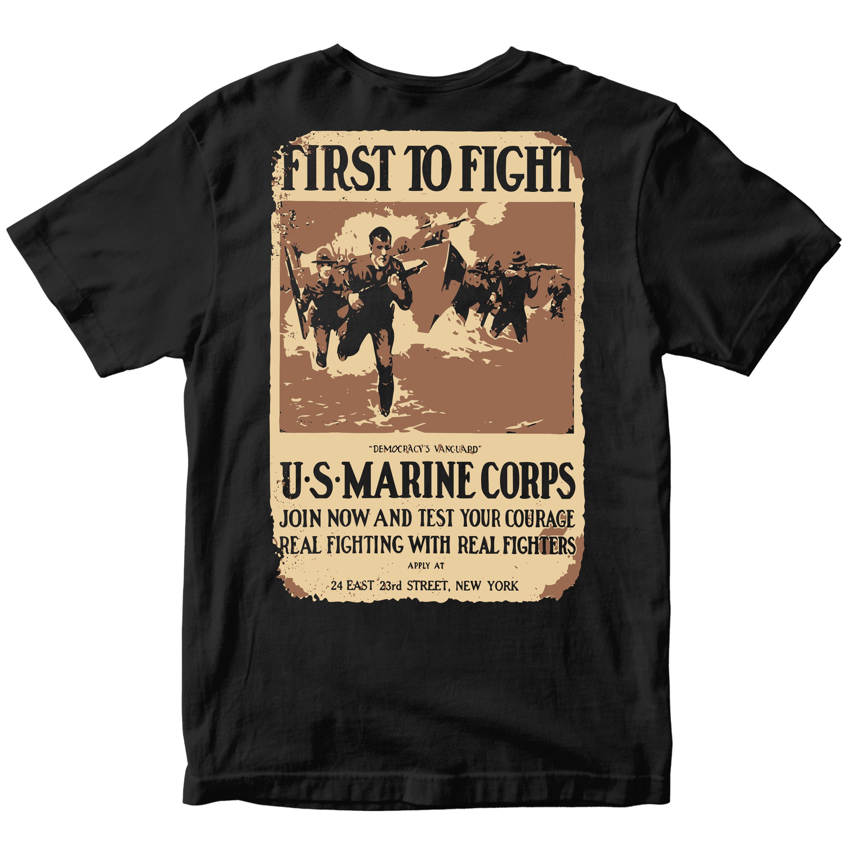 Black USMC t-shirt featuring a vintage-style Marine Corps recruitment poster on the back with the text 'First to Fight' and Marines charging forward. 