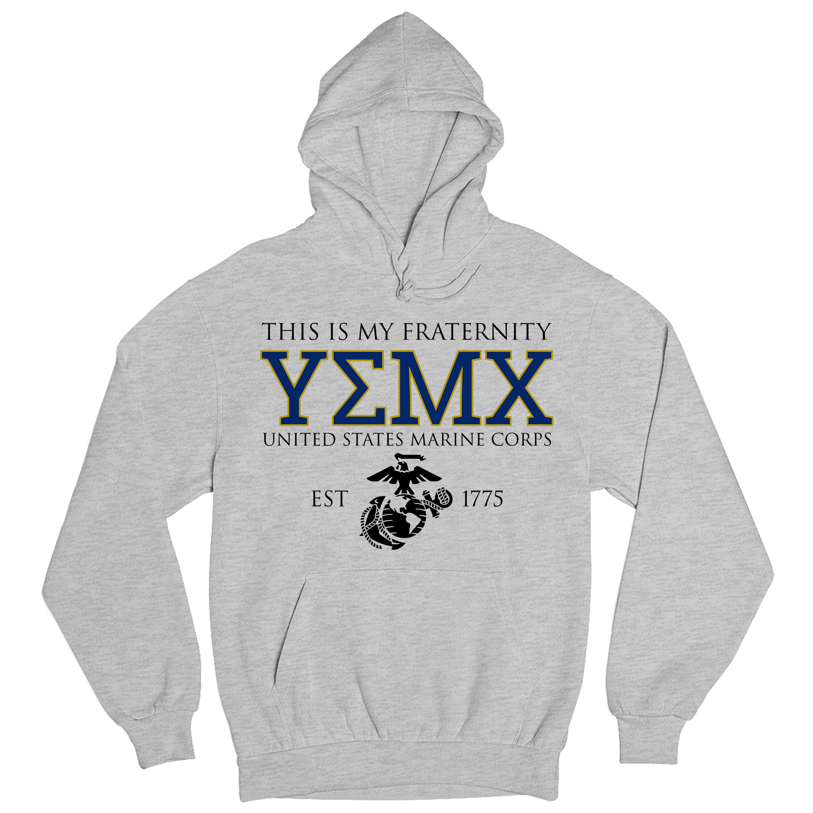 Gray USMC fraternity Hoodie with Greek letters YMEX on the front 