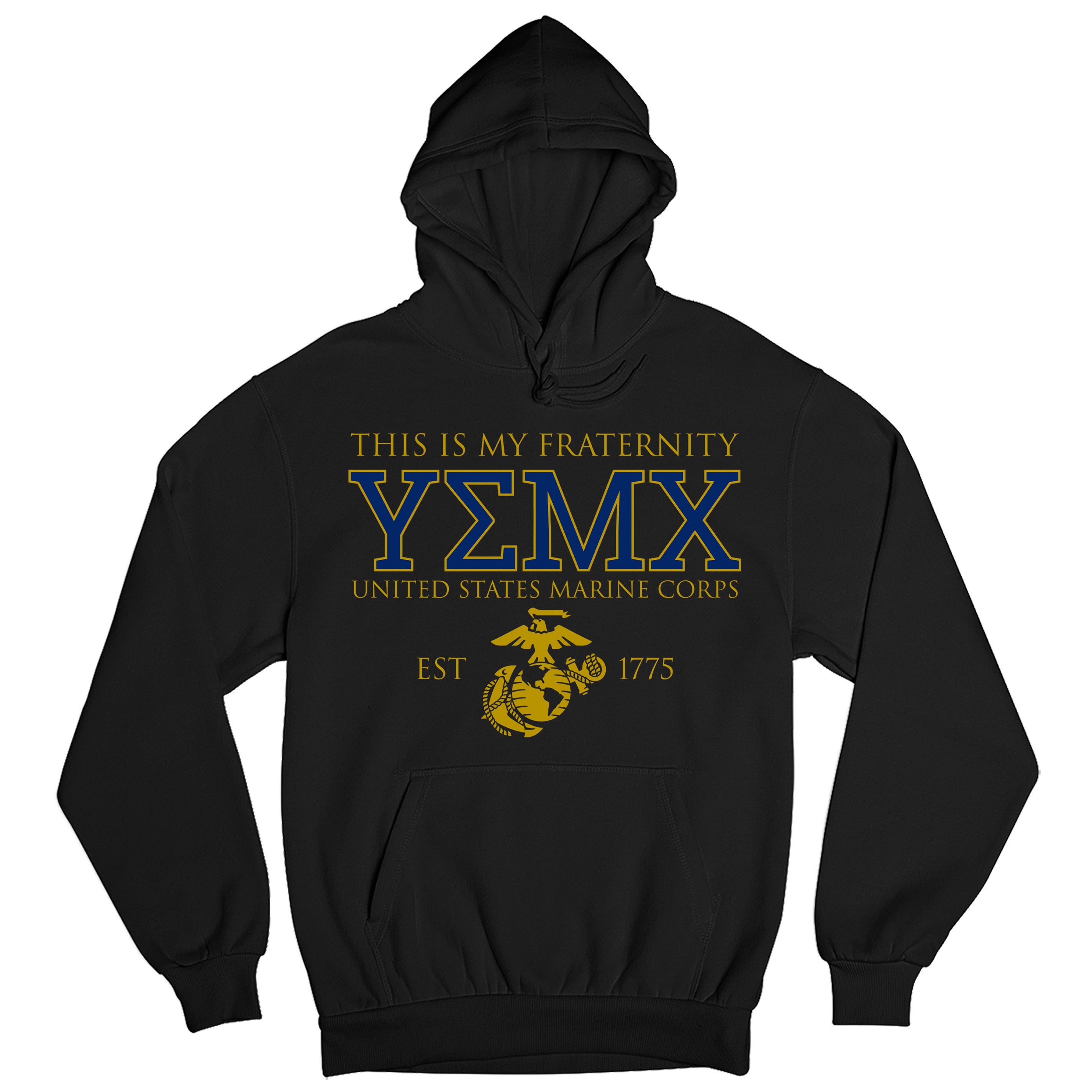 Black USMC fraternity Hoodie with Greek letters YMEX on the front 