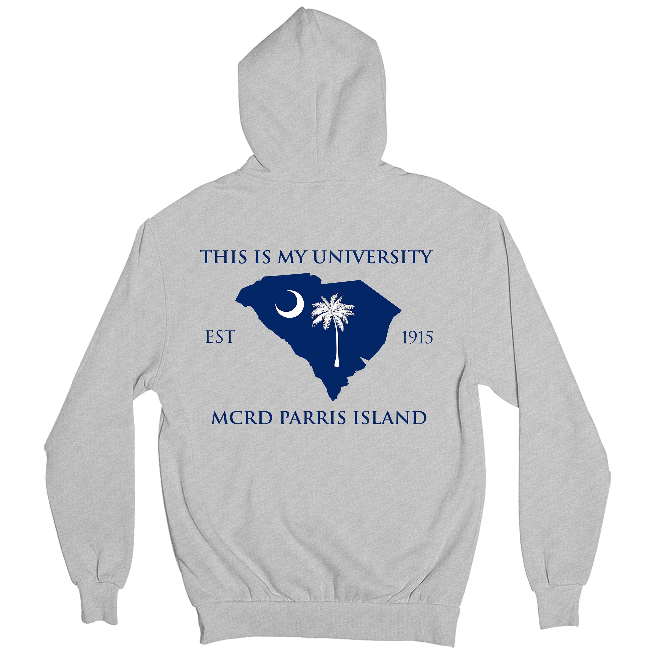 Gray USMC fraternity Hoodie with Parris Island back graphic featuring the South Carolina outline with crescent and palmetto