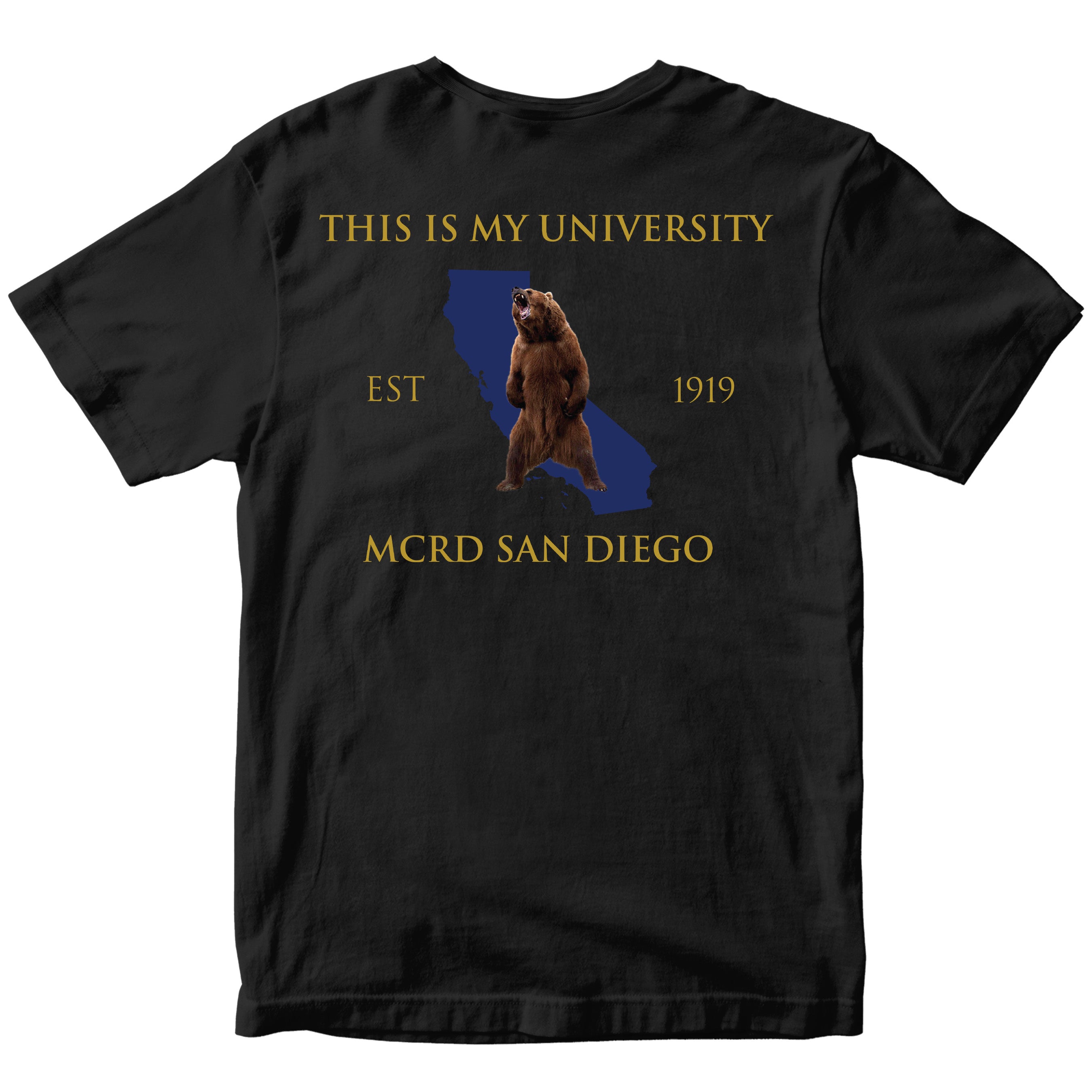 Black USMC fraternity-style T-shirt with MCRD San Diego back graphic featuring the California outline with star.