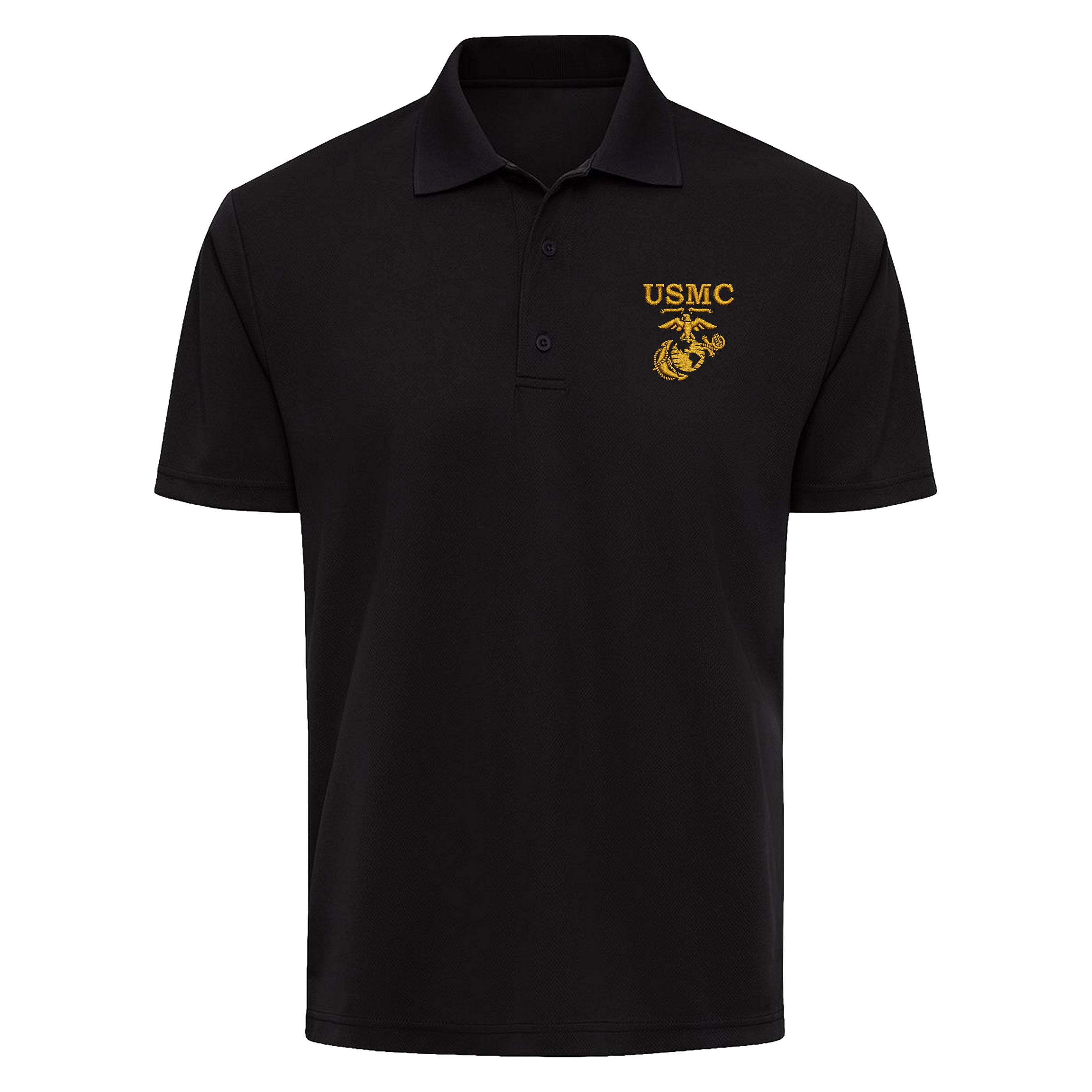 Black USMC performance polo with embroidered gold USMC lettering and EGA. Marine Corps Polo. 