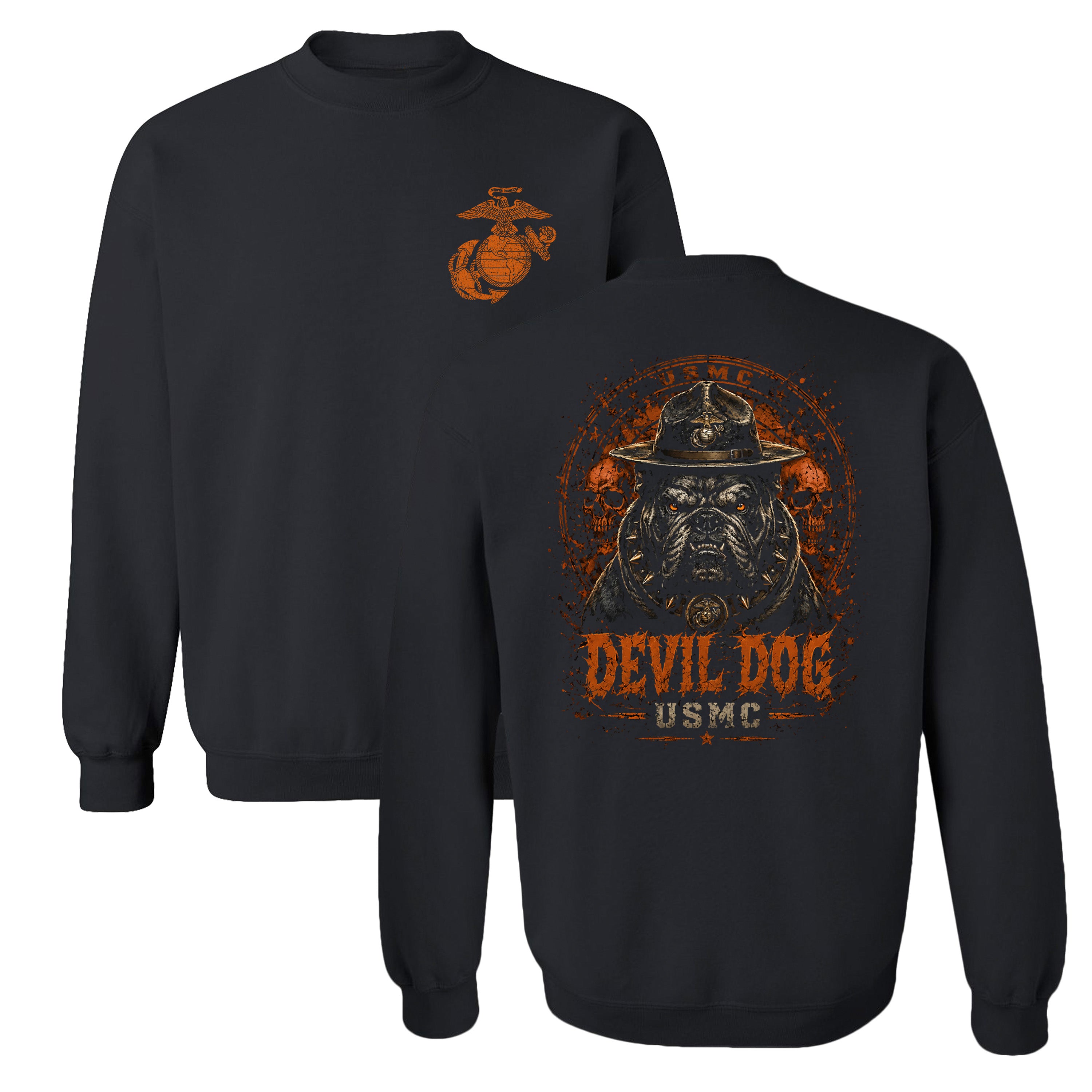 Black USMC Devil Dog Halloween sweatshirt with campaign-cover bulldog, skull background, orange lettering, and Eagle Globe and Anchor chest graphic