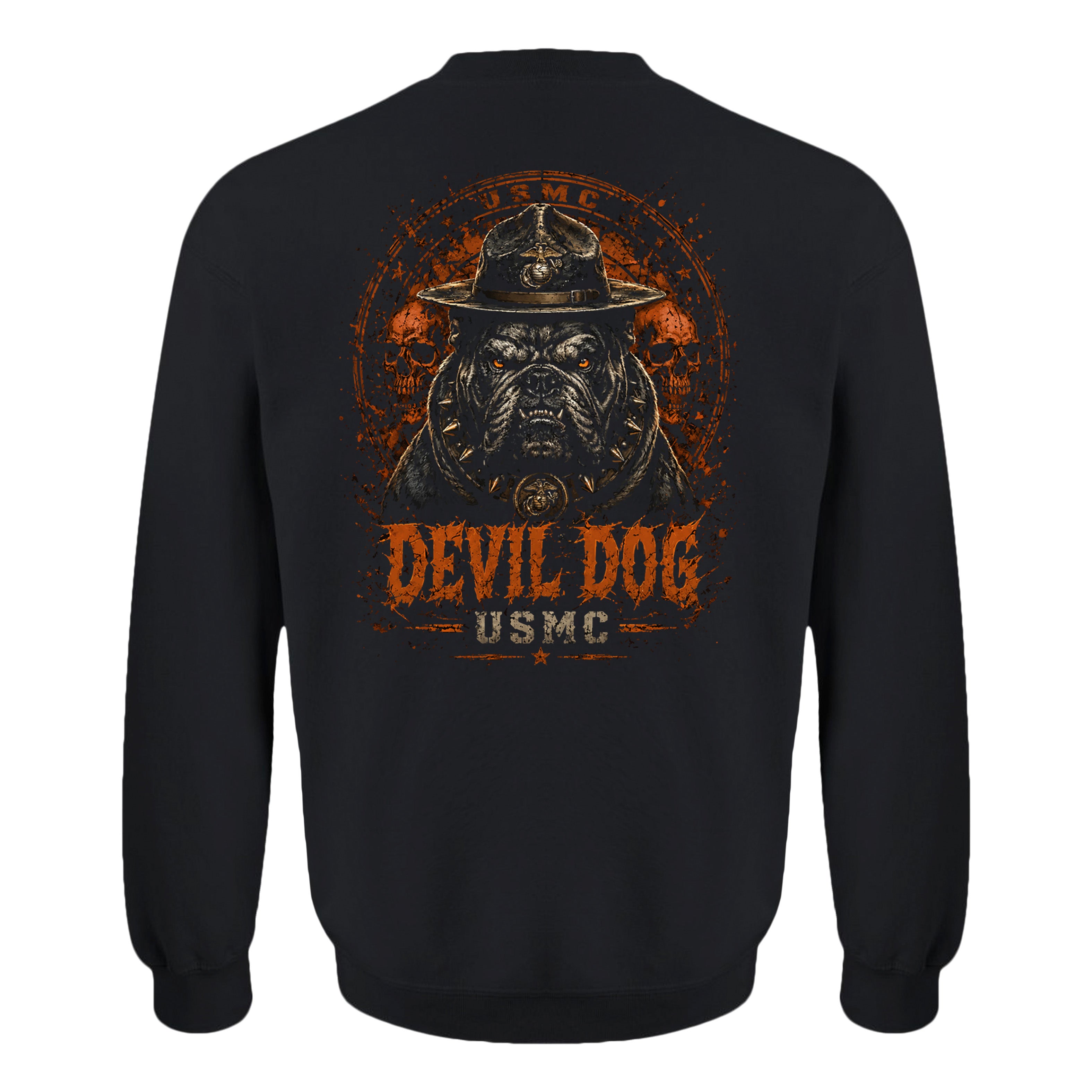 Black USMC Devil Dog Halloween sweatshirt with campaign-cover bulldog, skull background, orange lettering