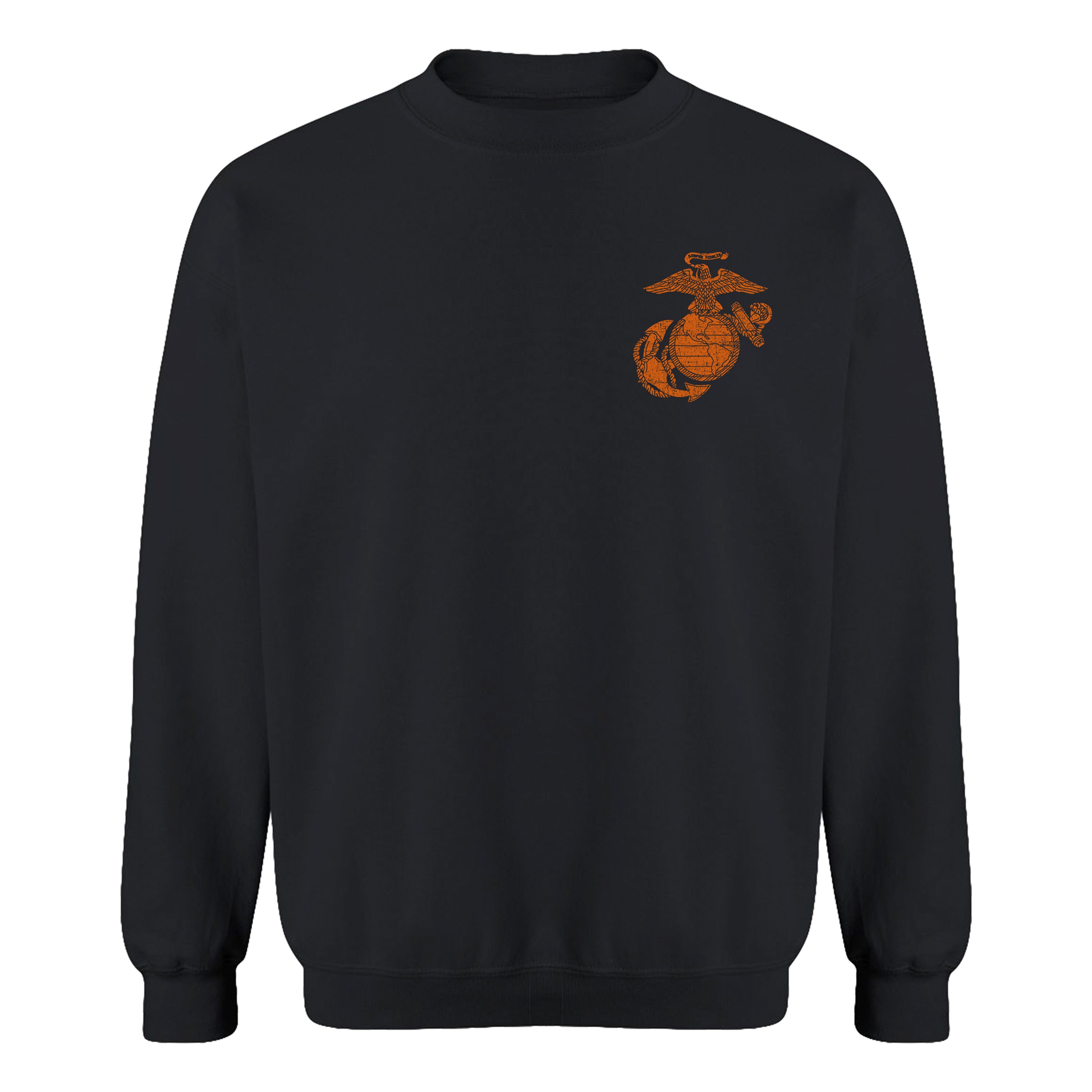 Black USMC Devil Dog Halloween sweatshirt with orange Eagle Globe and Anchor chest graphic