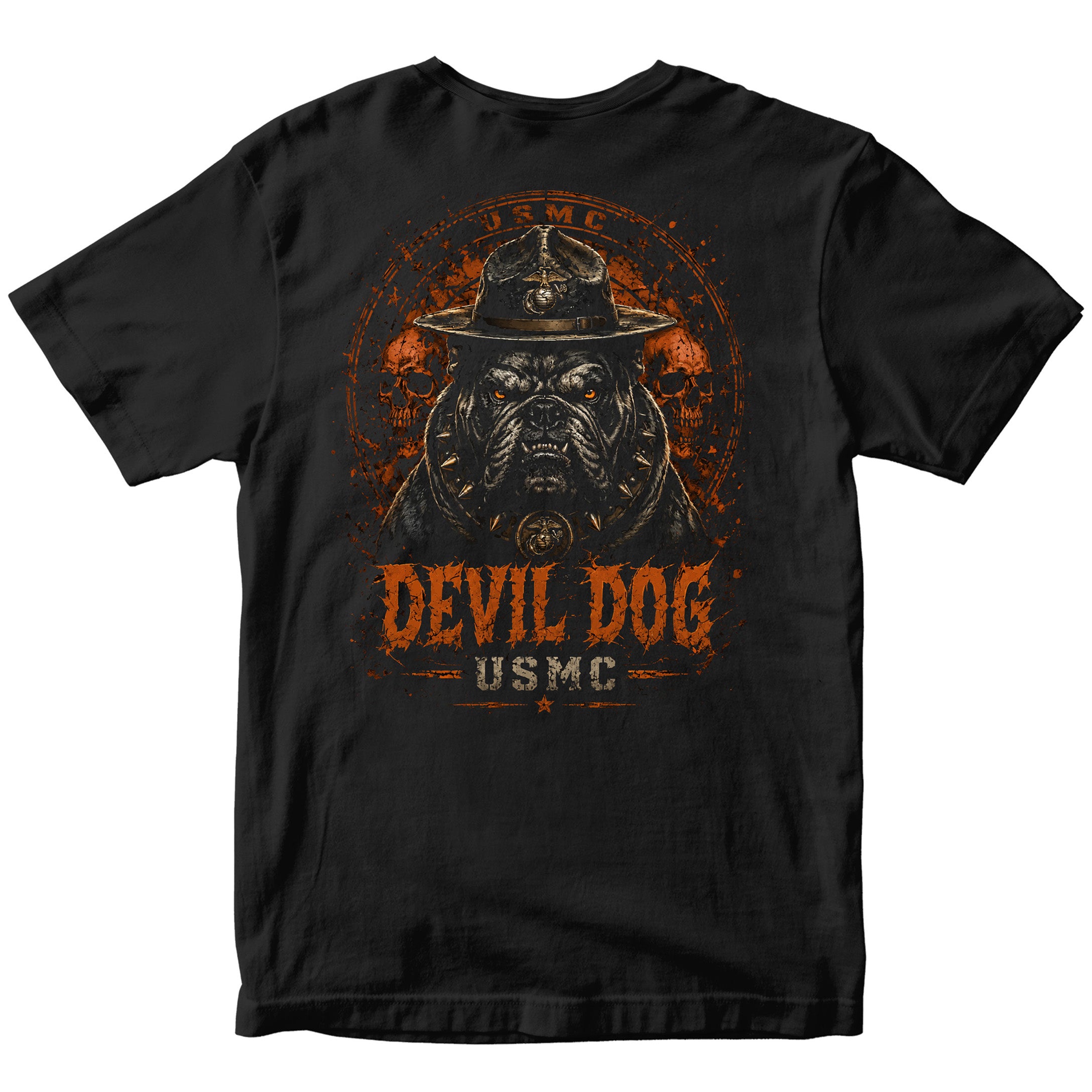Black USMC Devil Dog Halloween T-shirt with campaign-cover bulldog, skull background, orange lettering.