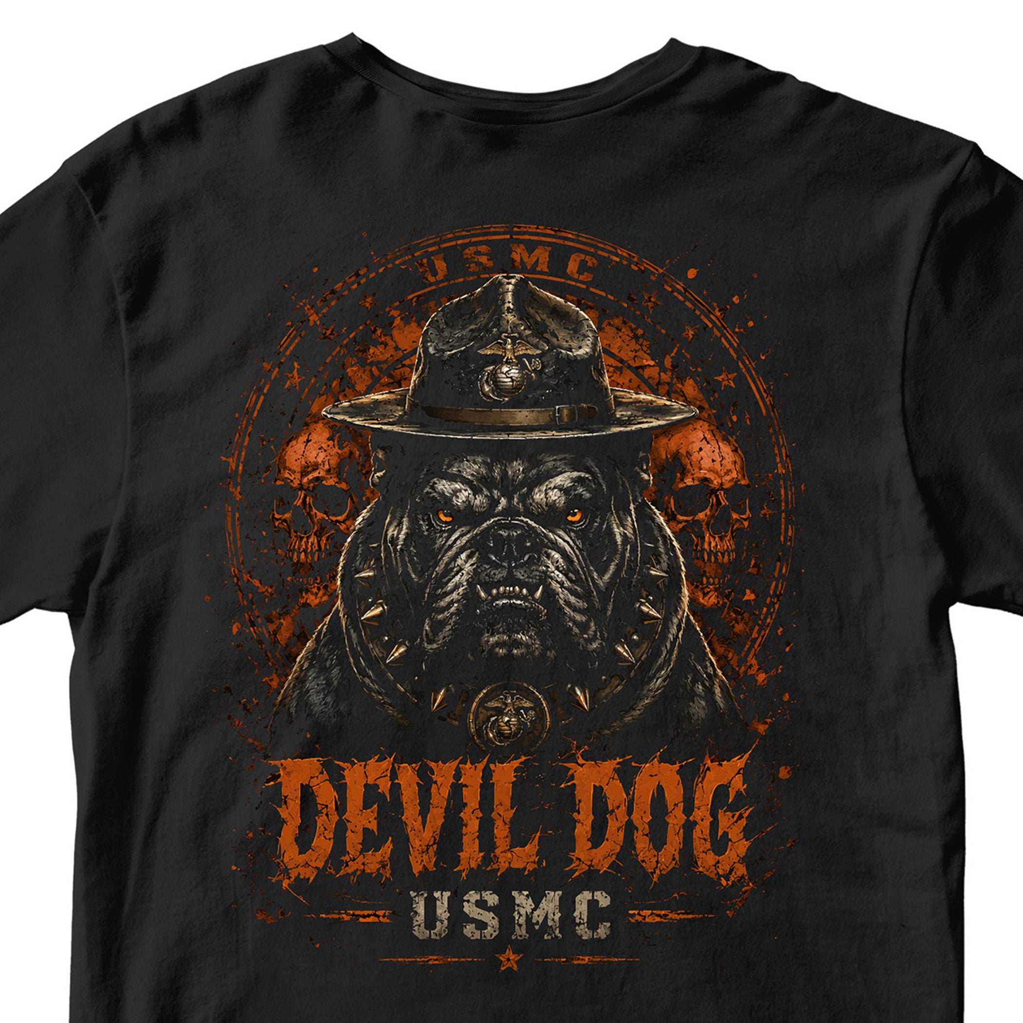 Black USMC Devil Dog Halloween T-shirt with campaign-cover bulldog, skull background, orange lettering.