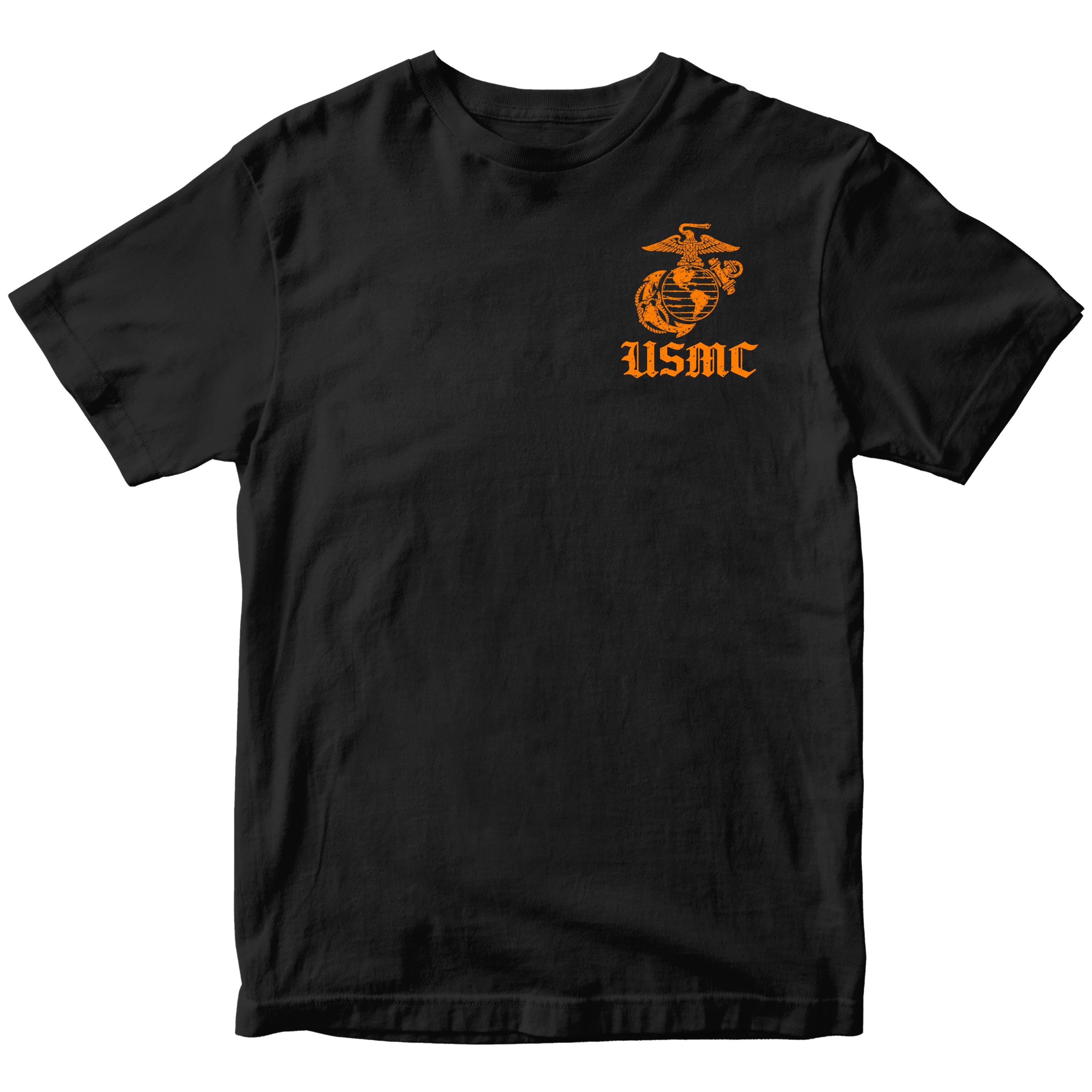 Black limited-edition USMC Halloween T-shirt with orange vintage Eagle Globe and Anchor chest graphic