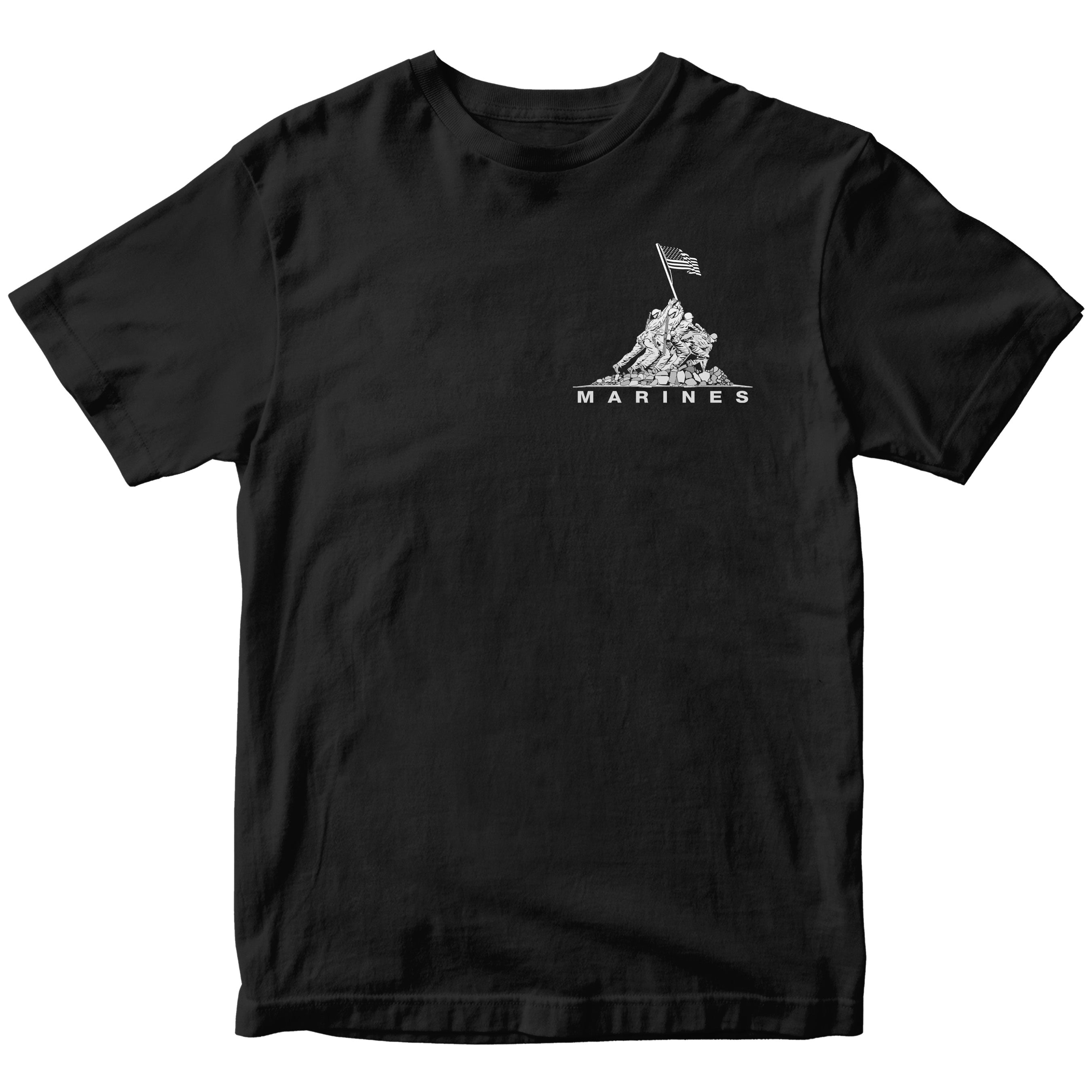 Black USMC t-shirt with Iwo Jima flag raising chest graphic