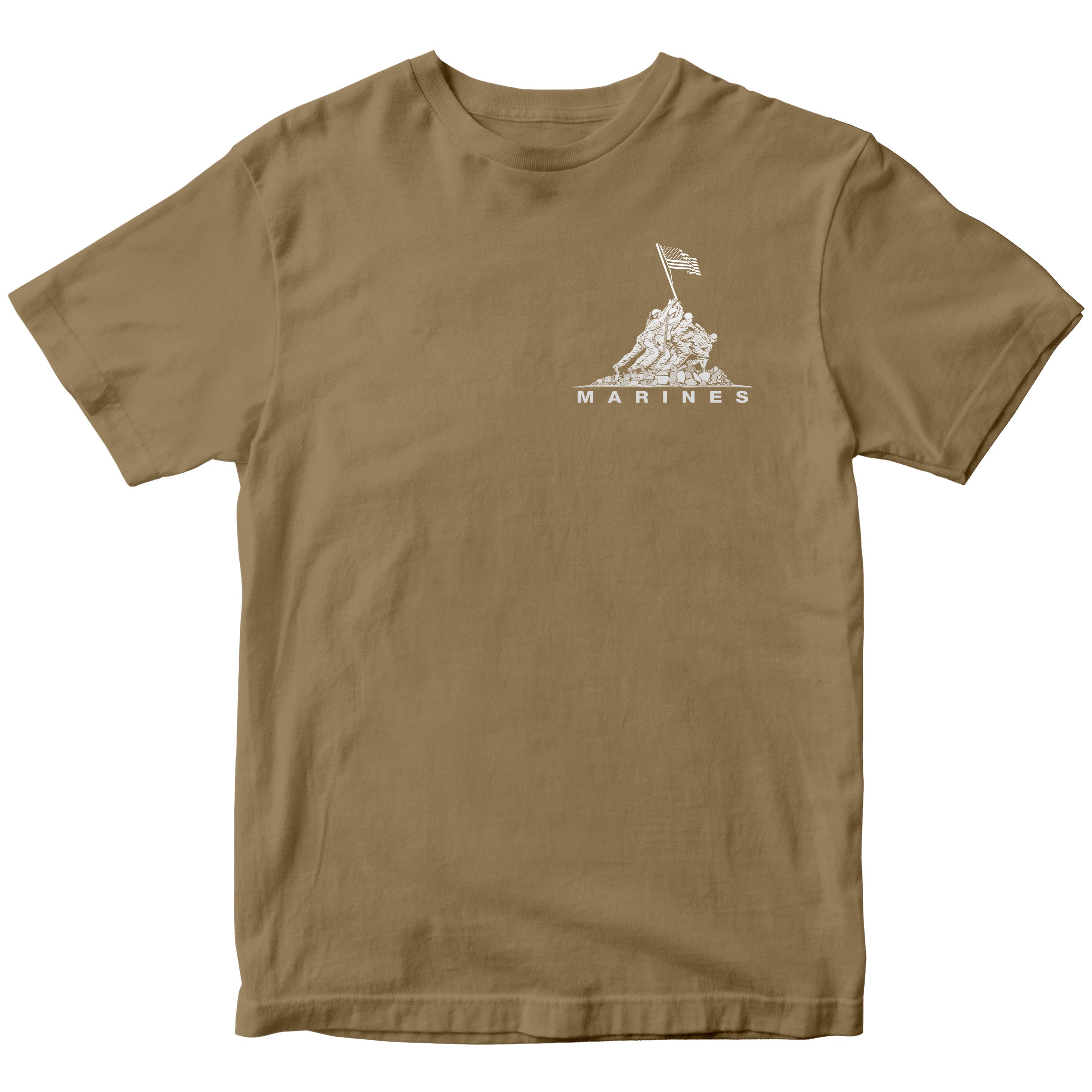 Brown USMC t-shirt with Iwo Jima flag raising chest graphic