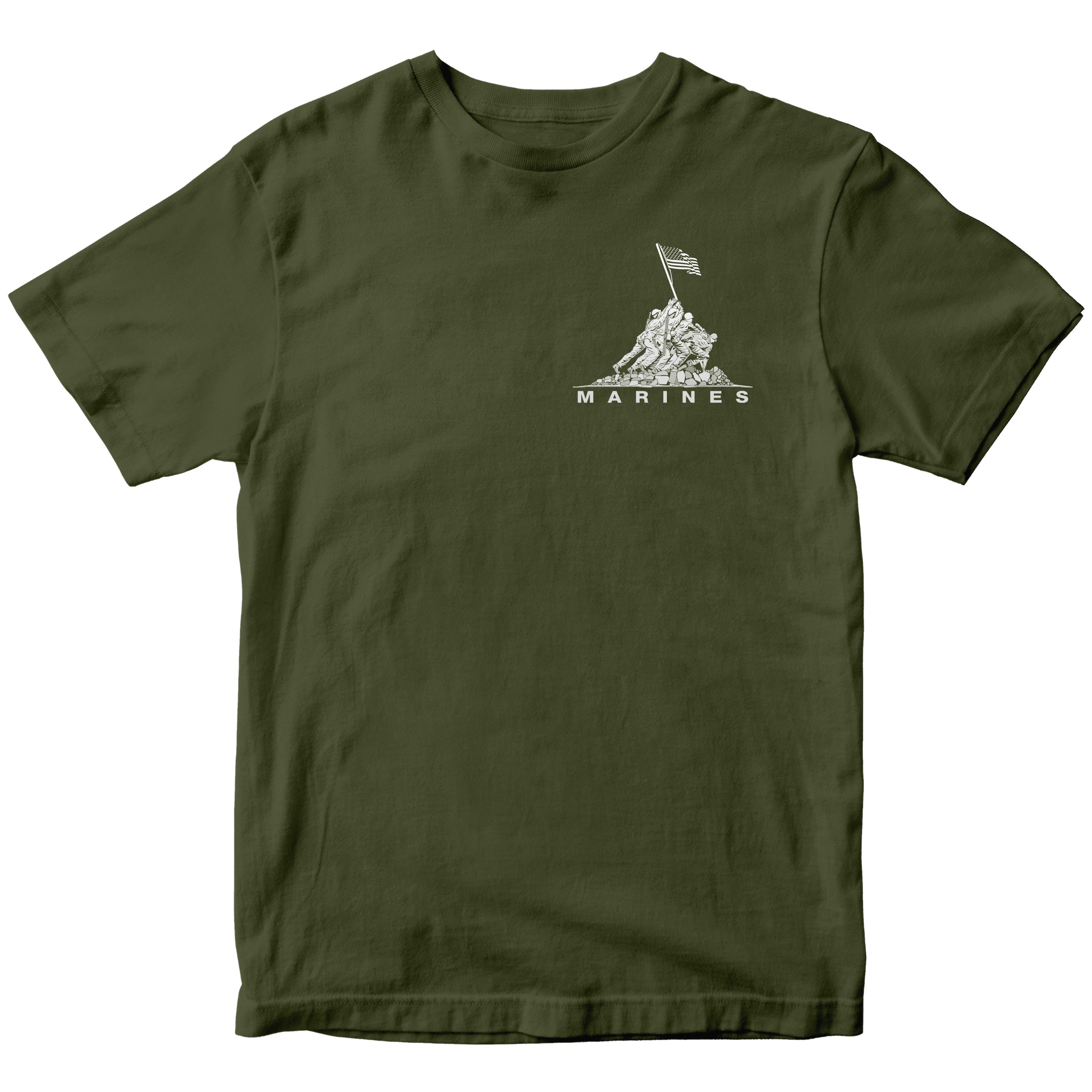 Green USMC t-shirt with Iwo Jima flag raising chest graphic
