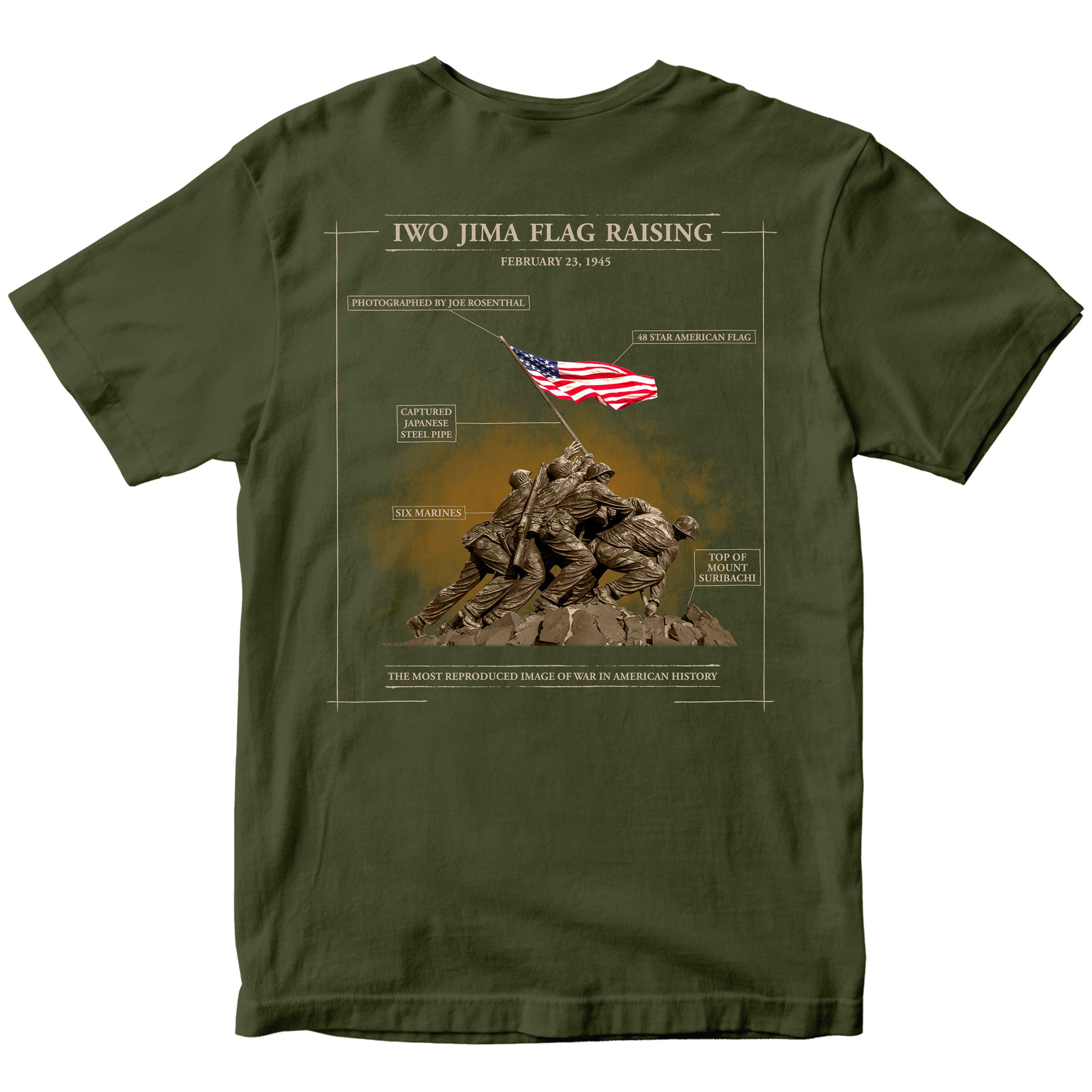 Green United States Marine Corps Iwo Jima flag raising Mount Suribachi T-shirt. Marines Iwo Jima Tee
