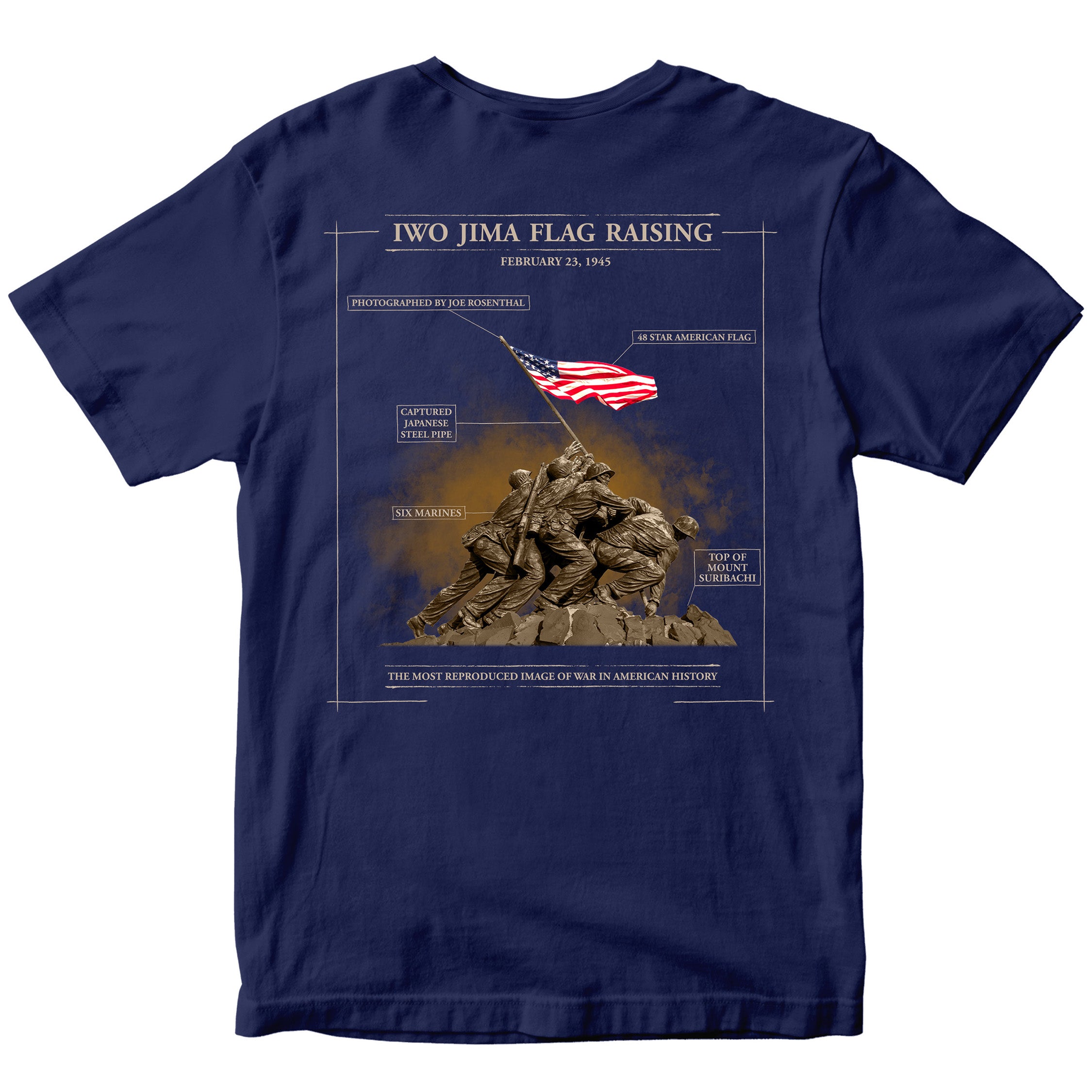 Navy Blue United States Marine Corps Iwo Jima flag raising Mount Suribachi T-shirt. Marines Iwo Jima Tee