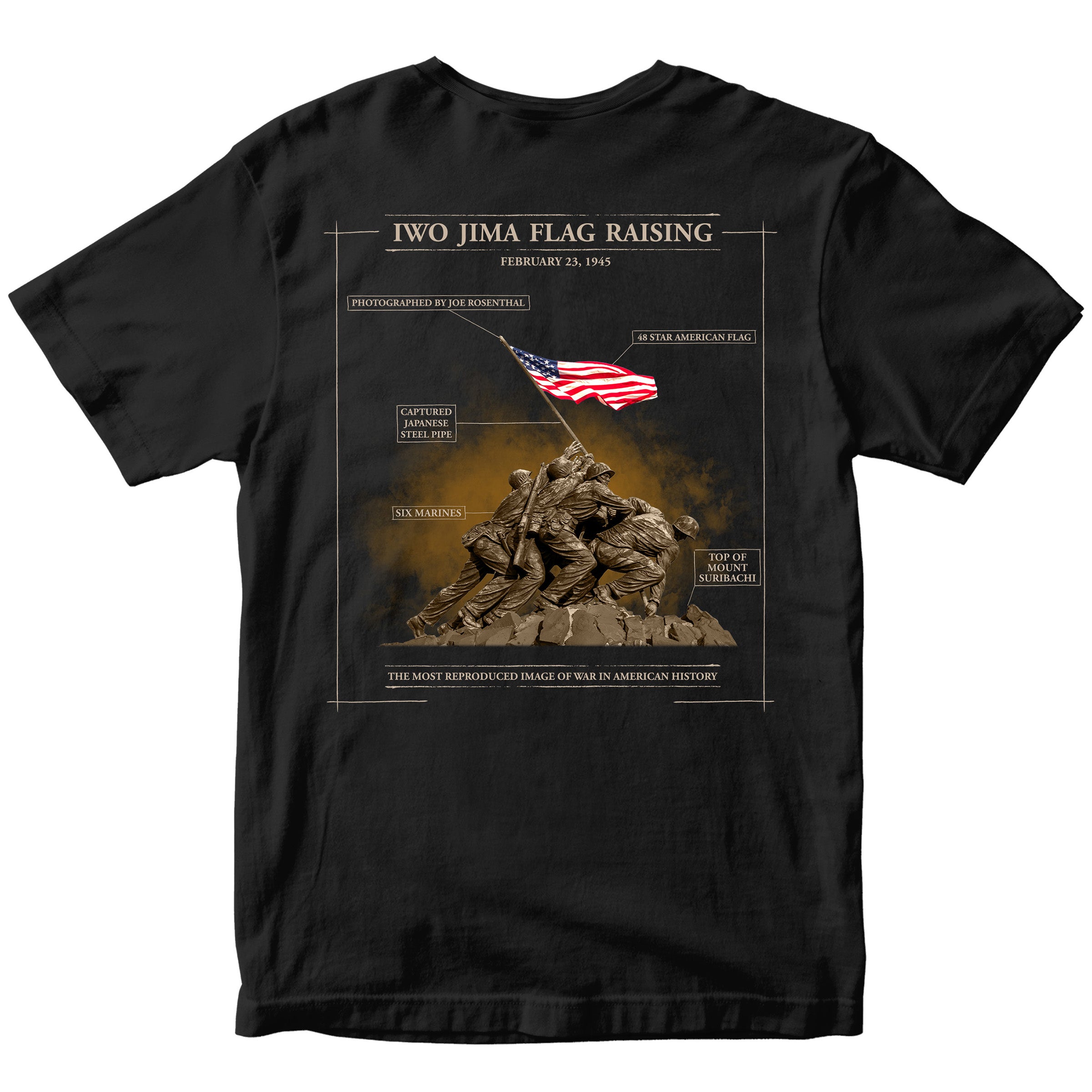 Black United States Marine Corps Iwo Jima flag raising Mount Suribachi T-shirt. Marines Iwo Jima Tee