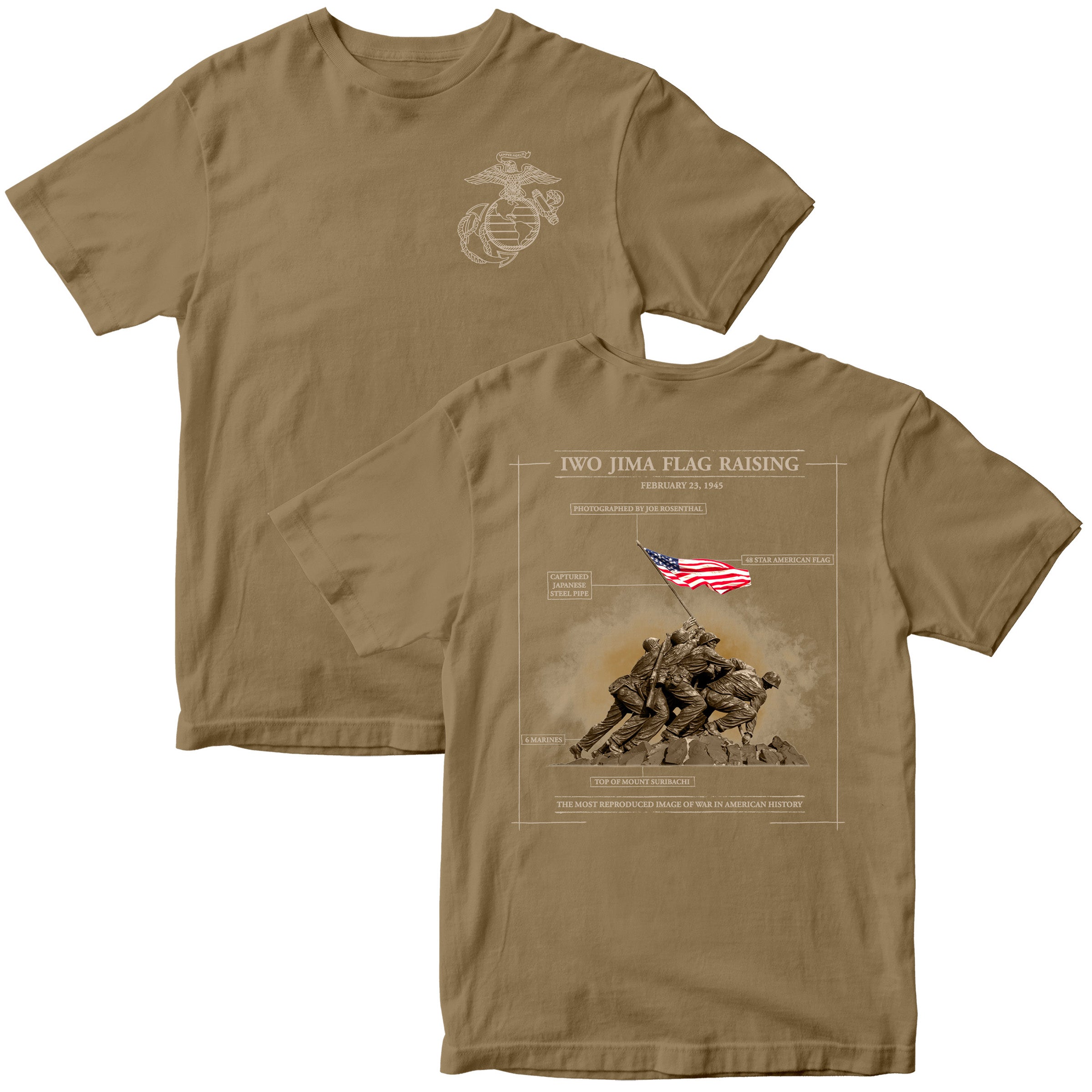 Khaki United States Marine Corps Iwo Jima flag raising Mount Suribachi T-shirt. Marines Iwo Jima Tee