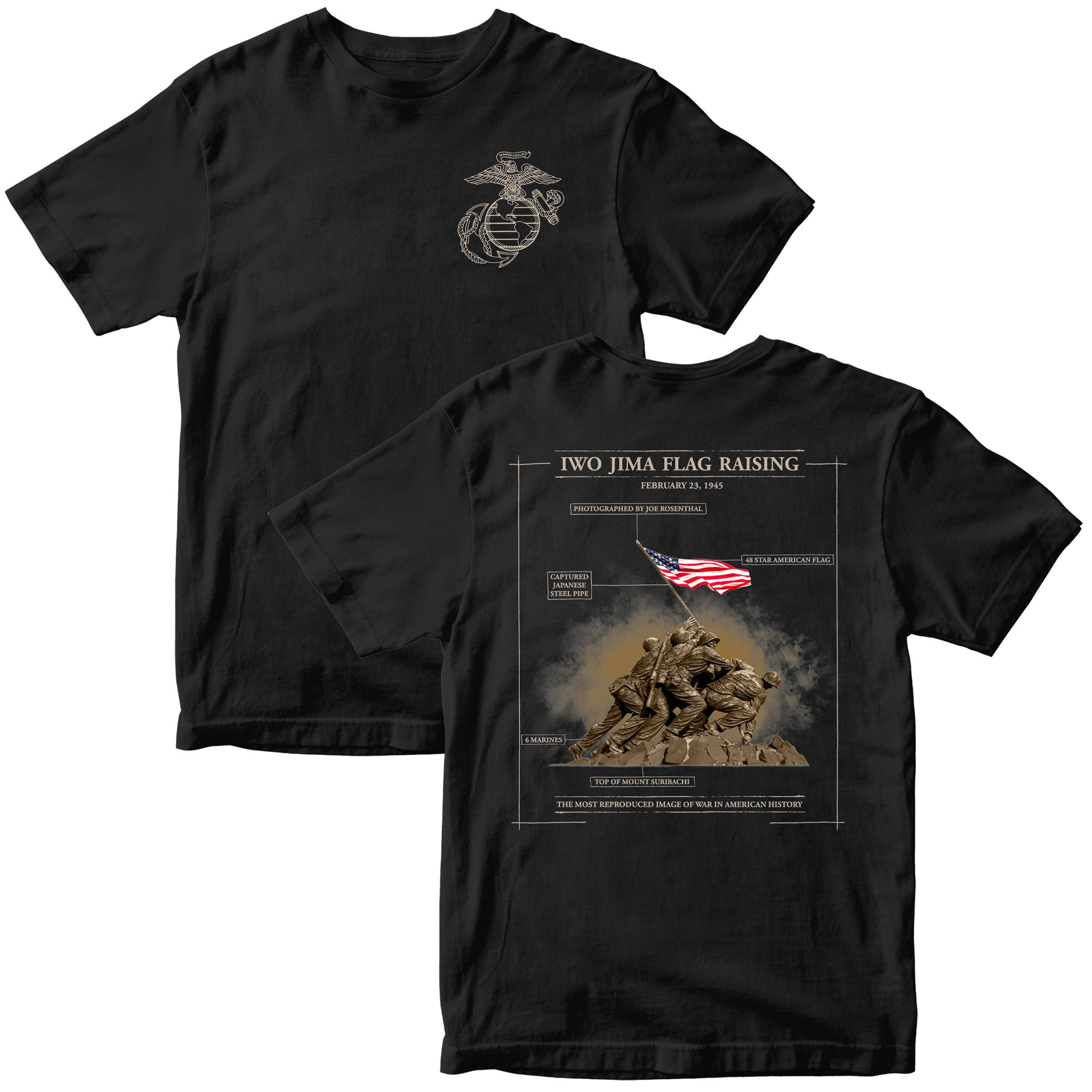 Black United States Marine Corps Iwo Jima flag raising Mount Suribachi T-shirt. Marines Iwo Jima Tee