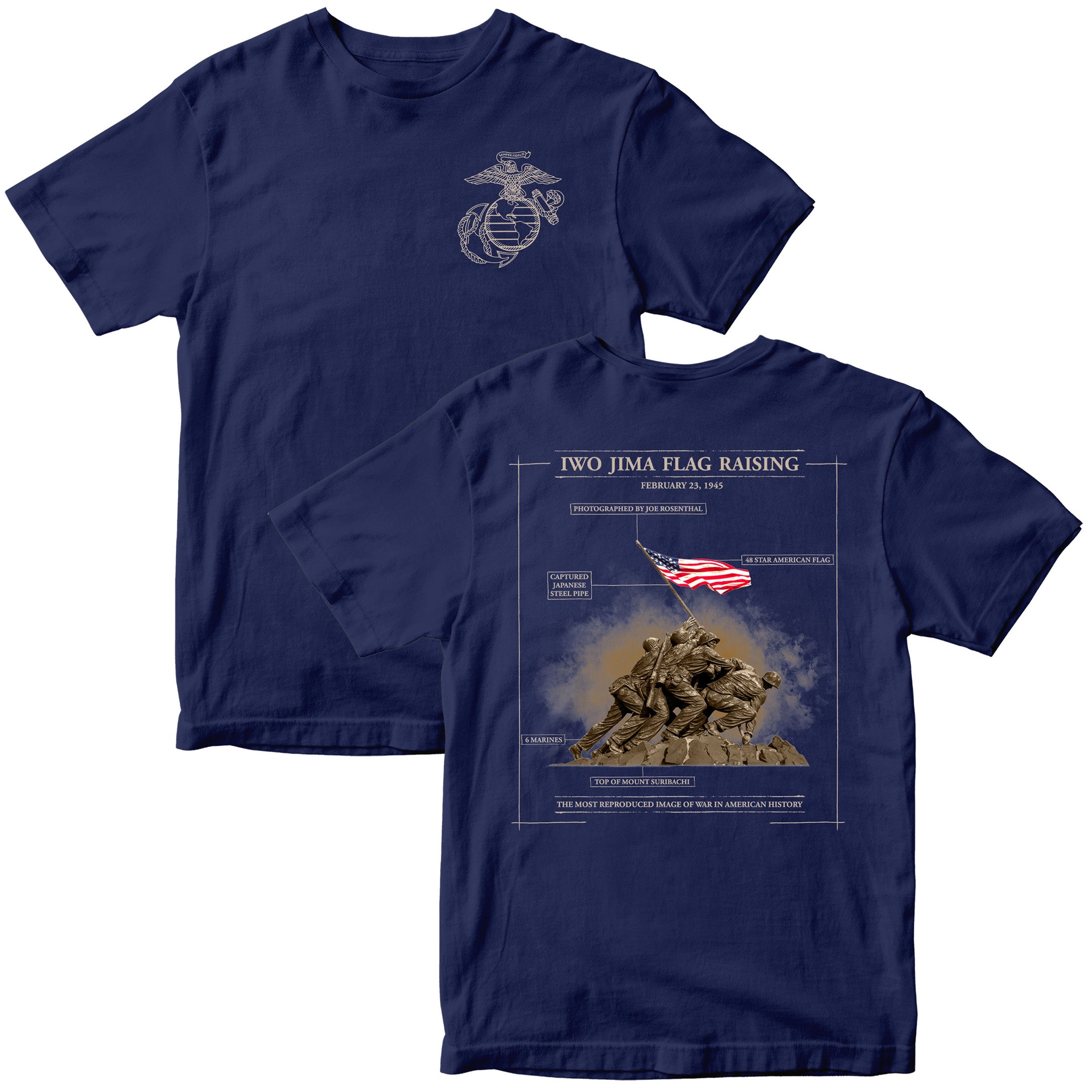Navy Blue United States Marine Corps Iwo Jima flag raising Mount Suribachi T-shirt. Marines Iwo Jima Tee