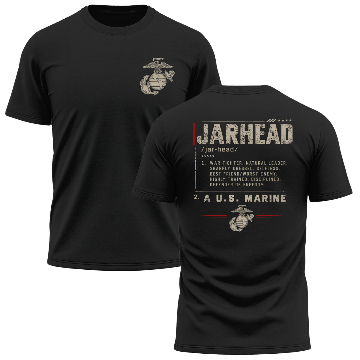 Black USMC Jarhead Definition performance T-shirt with Eagle, Globe and Anchor on the front and distressed Jarhead definition graphic with “A U.S. Marine” on the back