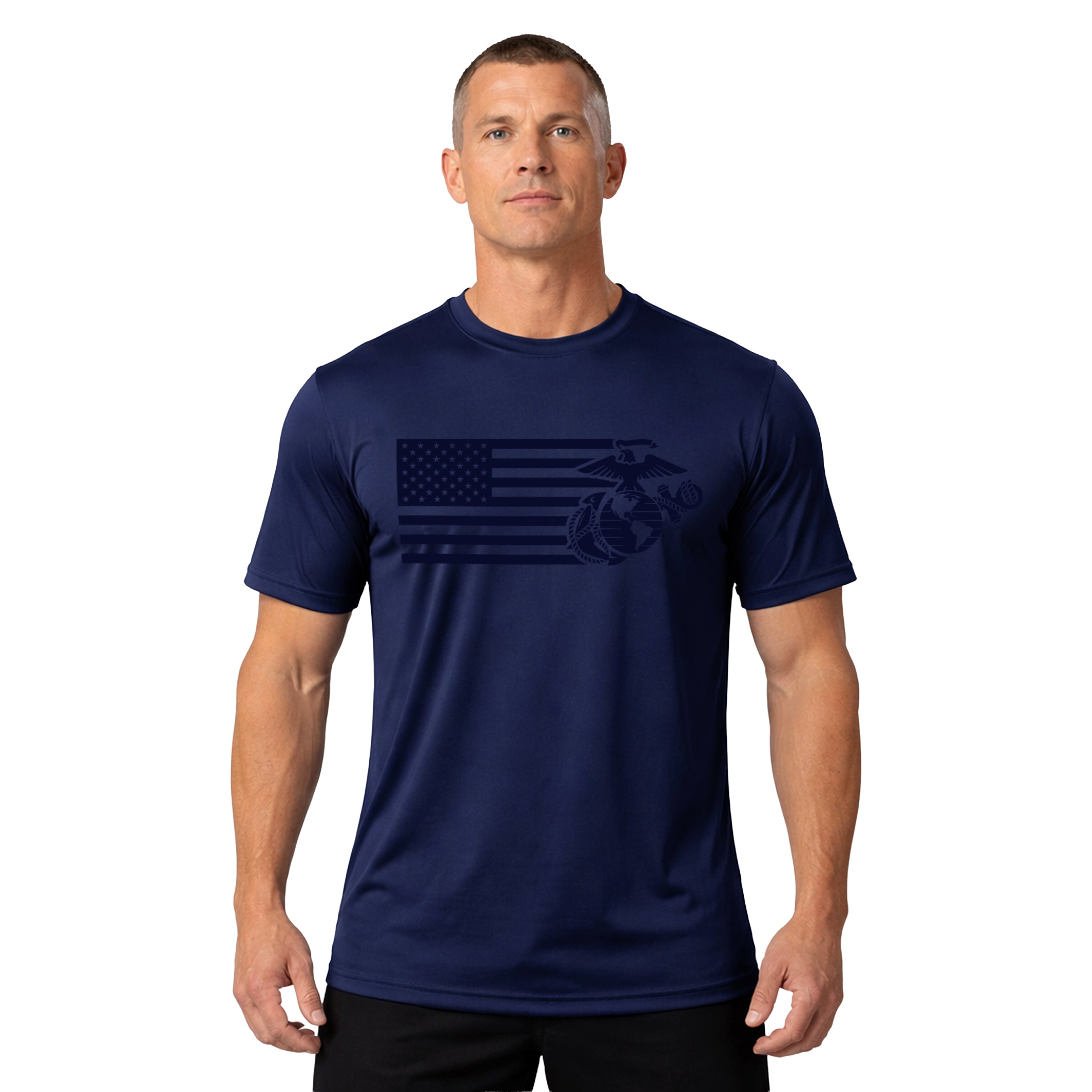 Navy USMC Split Flag and EGA performance t-shirt. Marines American flag and EGA tee. USMC workout tee