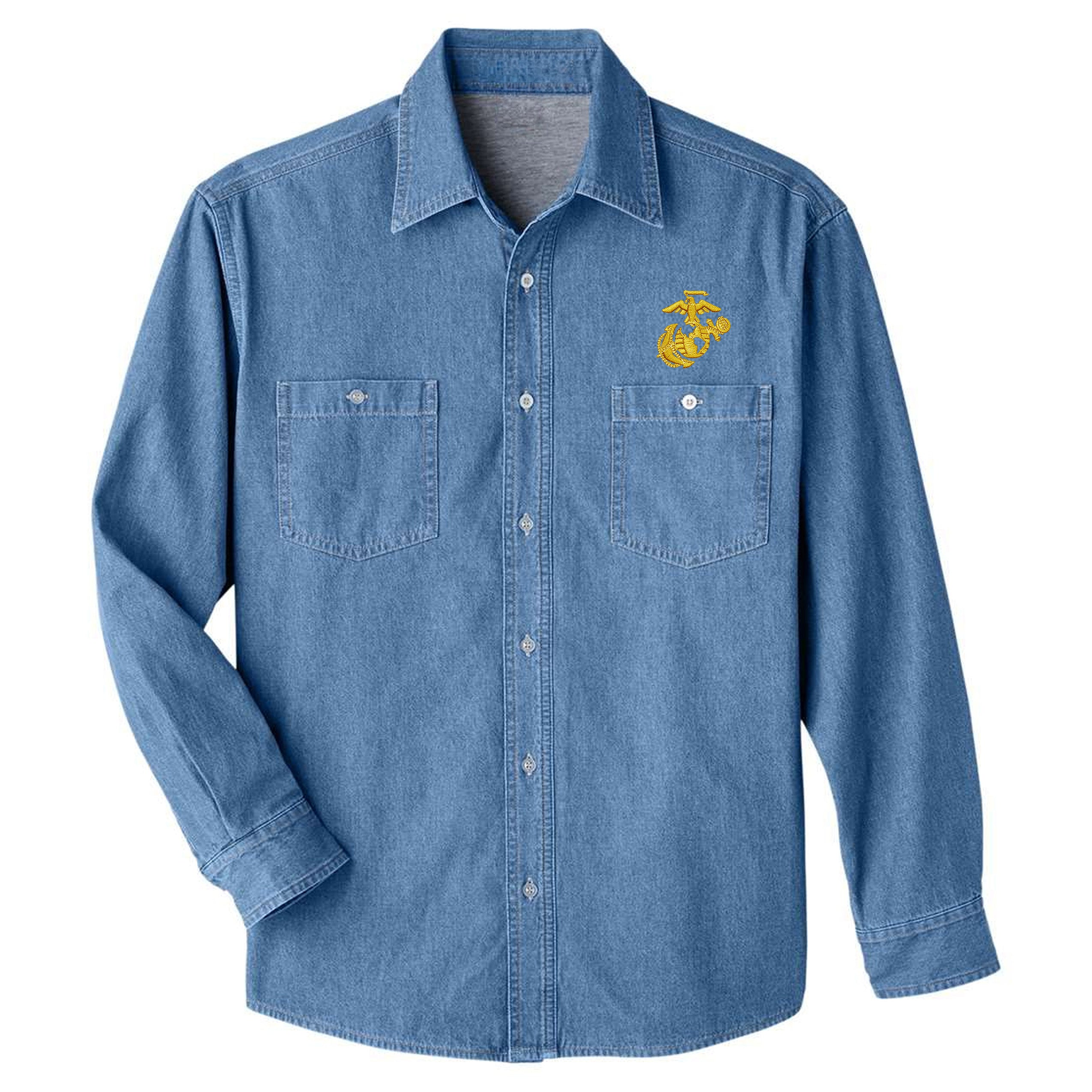 Marines Gold EGA embroidered light blue denim shirt with dual chest pockets, long sleeves, and Marine Corps Eagle, Globe & Anchor chest embroidery.
