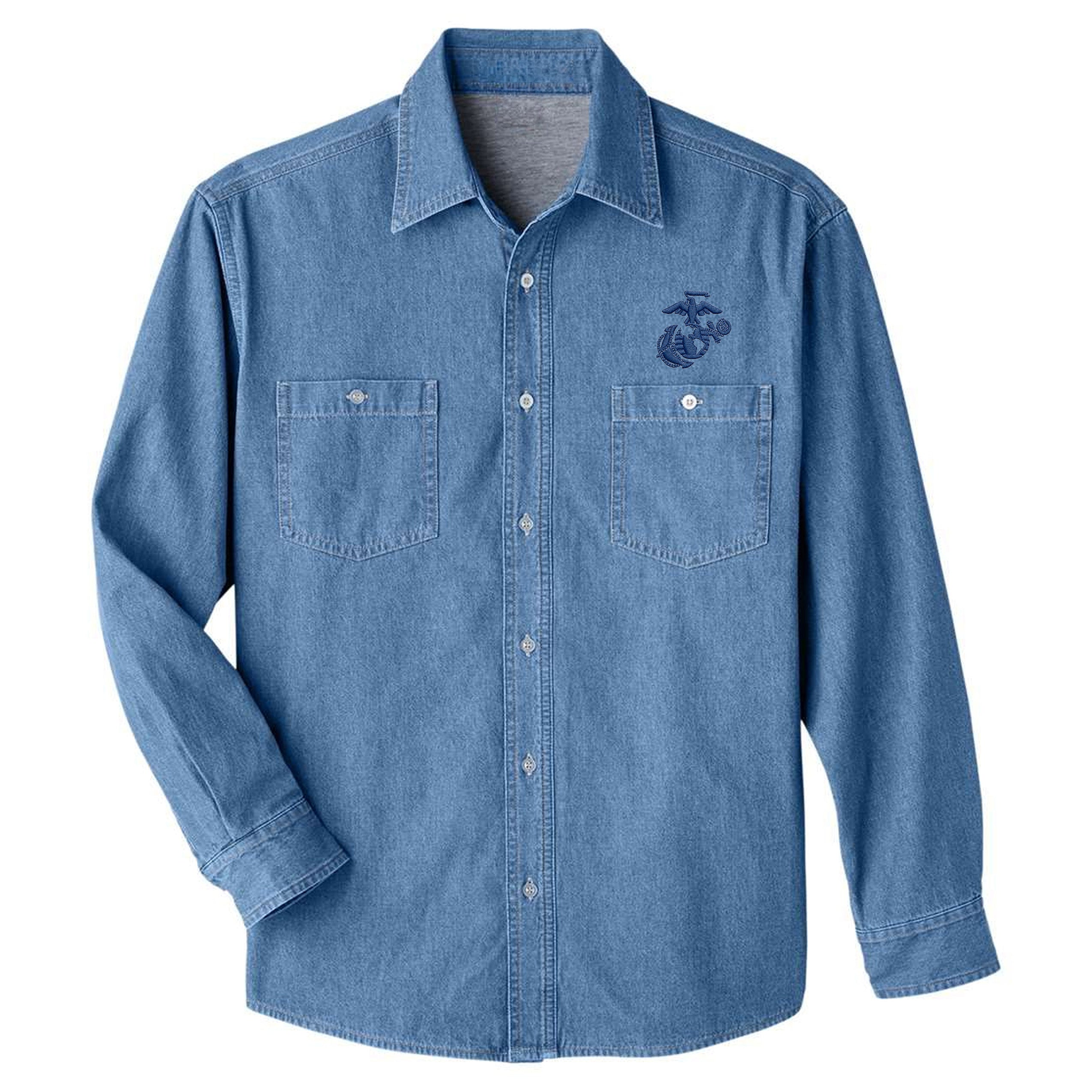 Marines Light Navy EGA embroidered light blue denim shirt with dual chest pockets, long sleeves, and Marine Corps Eagle, Globe & Anchor chest embroidery.
