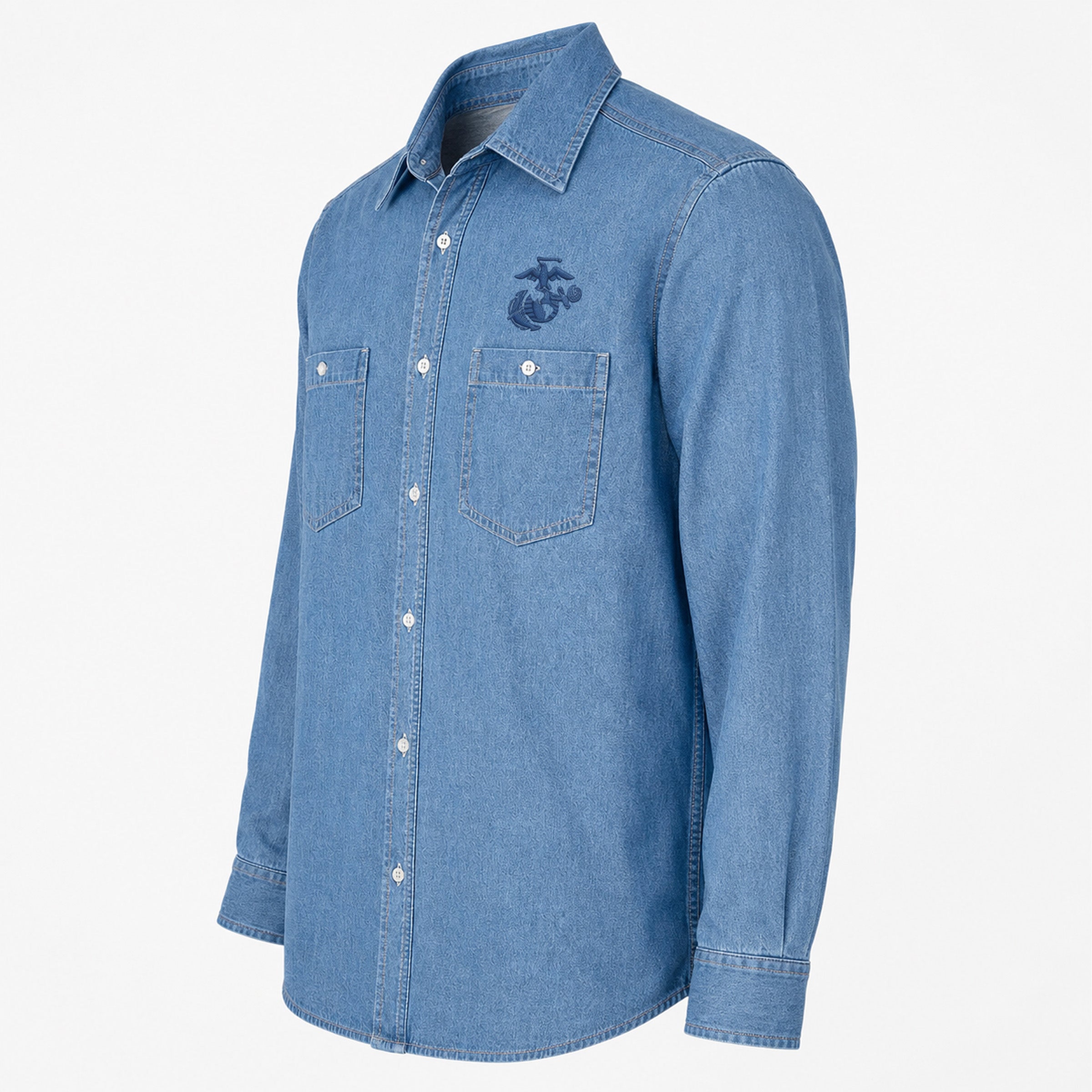 Marines Light Navy EGA embroidered light blue denim shirt with dual chest pockets, long sleeves, and Marine Corps Eagle, Globe & Anchor chest embroidery.
