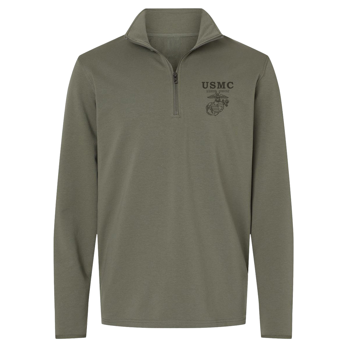 OD Green USMC Old School EGA performance quarter-zip pullover with OD Green Eagle Globe and Anchor chest graphic for a monochromic finish