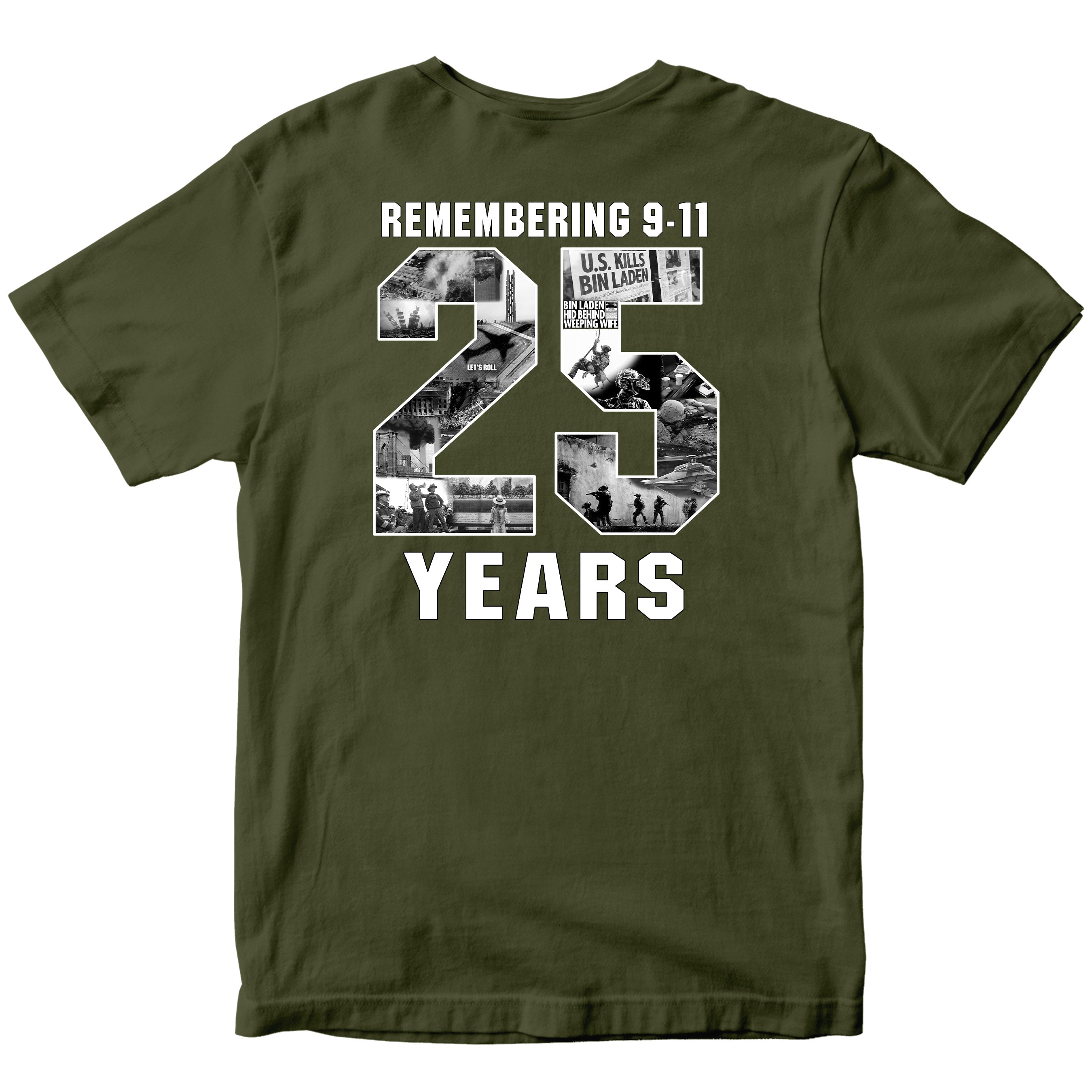 9/11 remembrance T-shirt honoring the 25th anniversary of September 11 with patriotic memorial design and Never Forget message