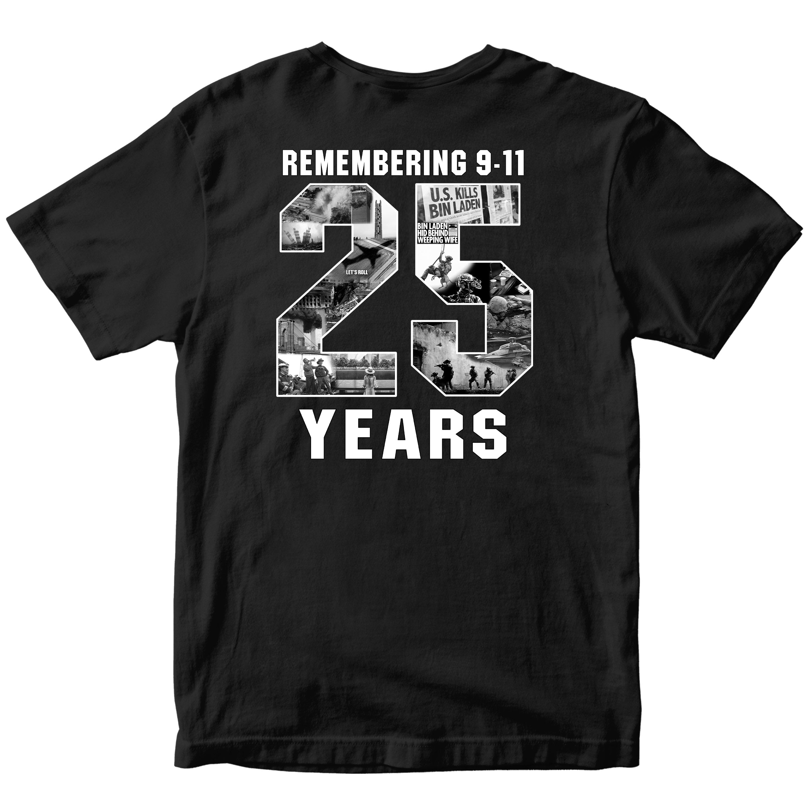 9/11 remembrance T-shirt honoring the 25th anniversary of September 11 with patriotic memorial design and Never Forget message