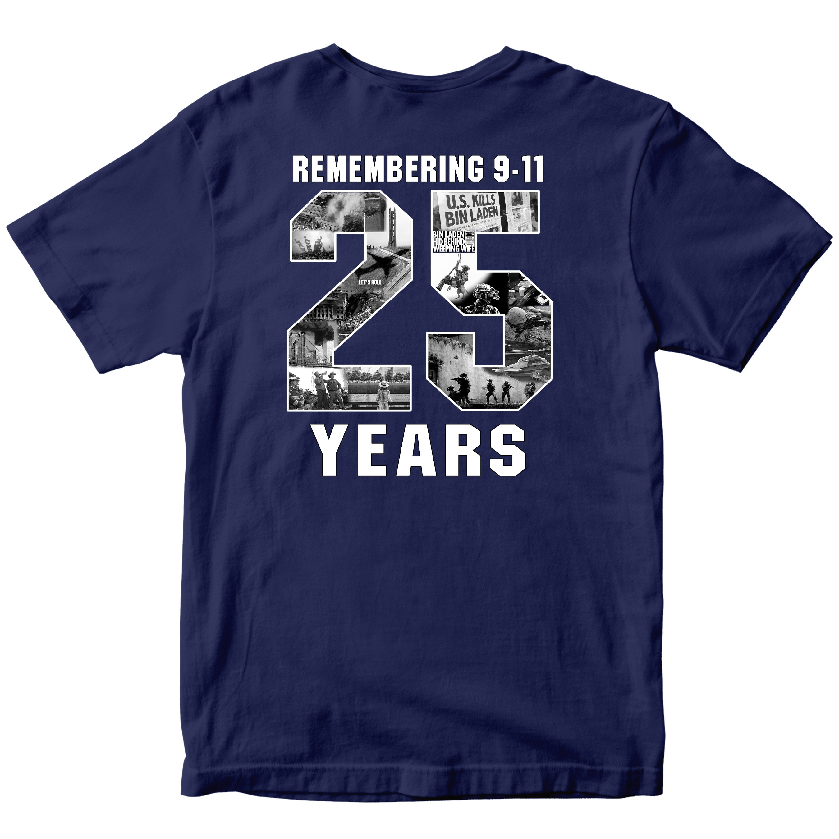9/11 remembrance T-shirt honoring the 25th anniversary of September 11 with patriotic memorial design and Never Forget message