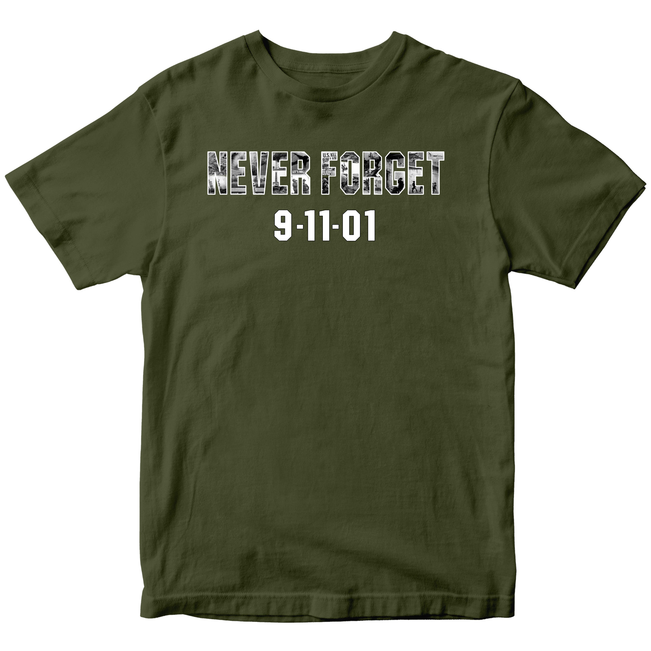 9/11 remembrance T-shirt honoring the 25th anniversary of September 11 with patriotic memorial design and Never Forget message