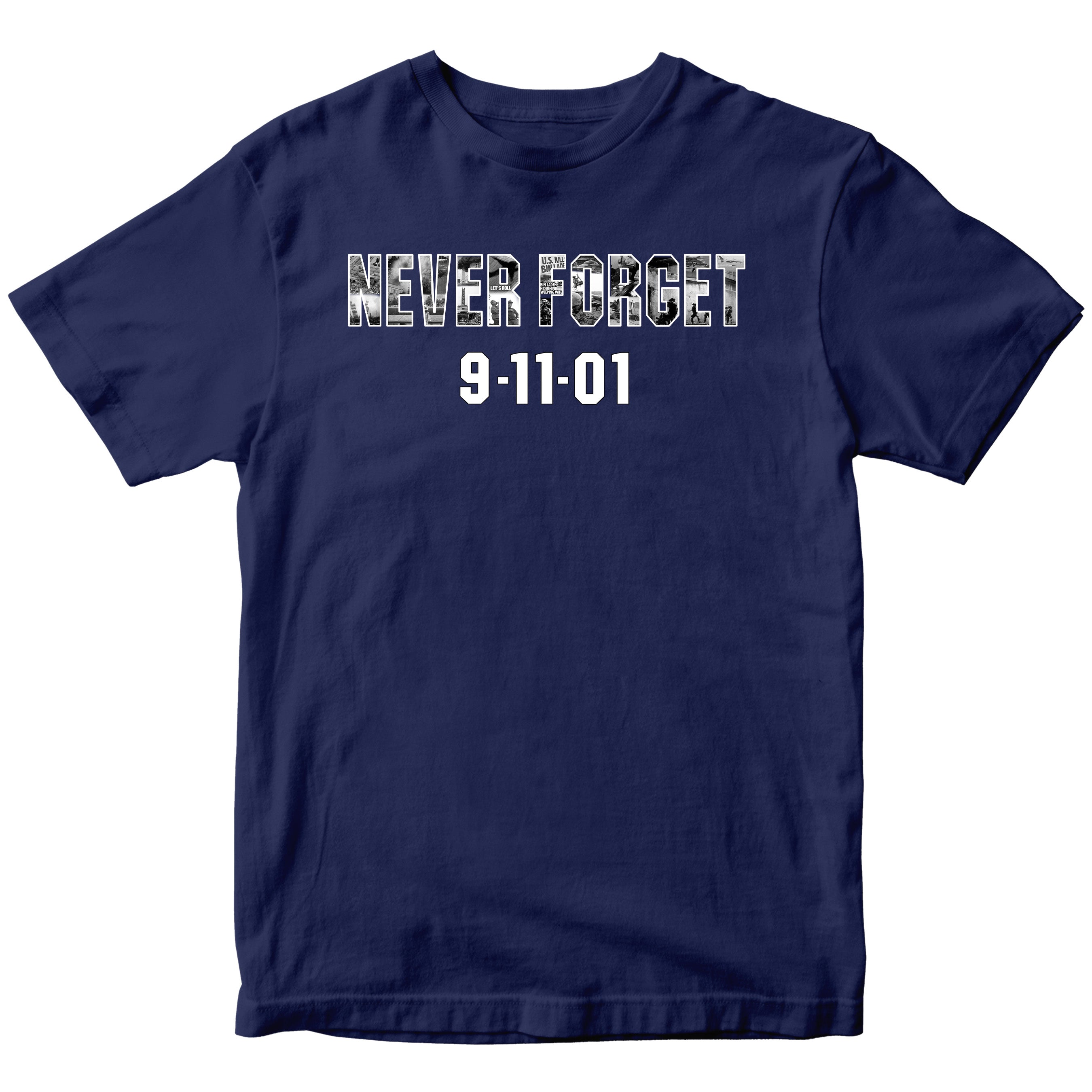 9/11 remembrance T-shirt honoring the 25th anniversary of September 11 with patriotic memorial design and Never Forget message