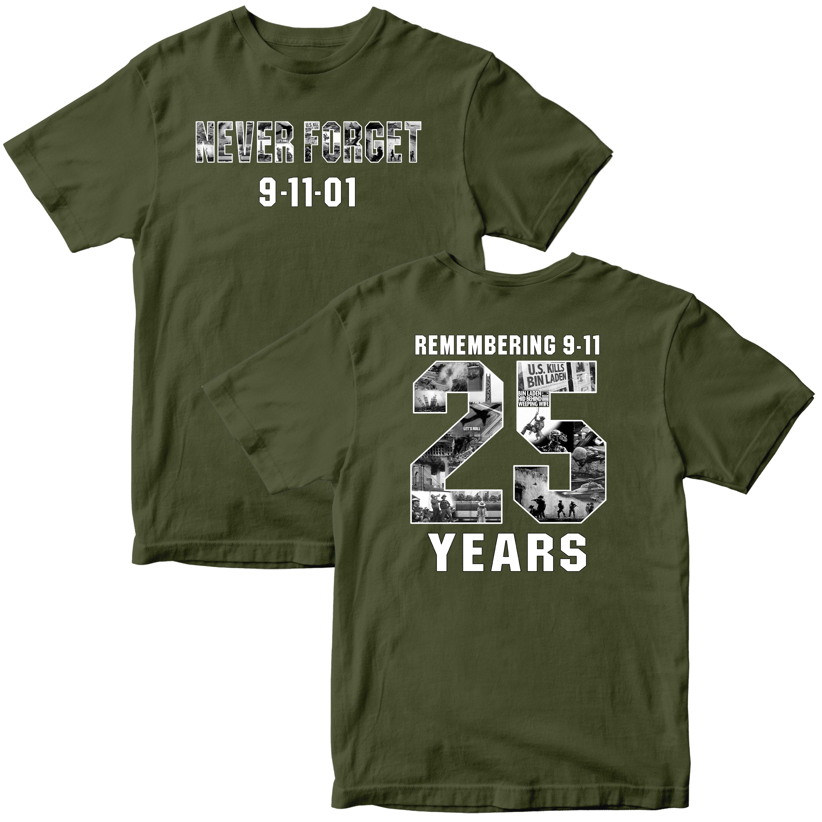 9/11 remembrance T-shirt honoring the 25th anniversary of September 11 with patriotic memorial design and Never Forget message