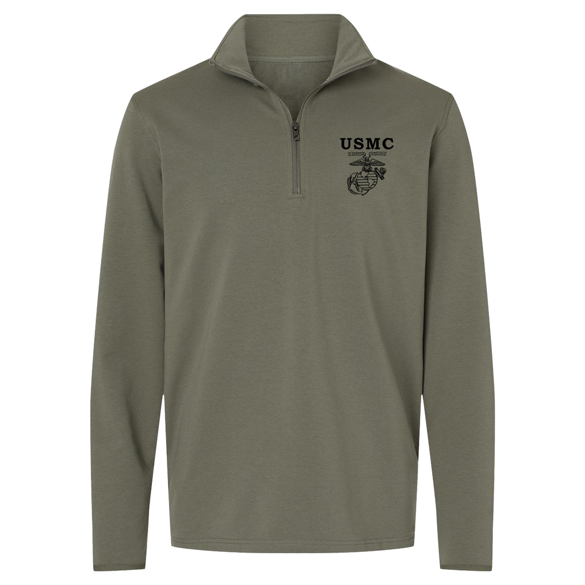 OD green USMC Old School EGA performance quarter-zip pullover with black Eagle Globe and Anchor chest graphic