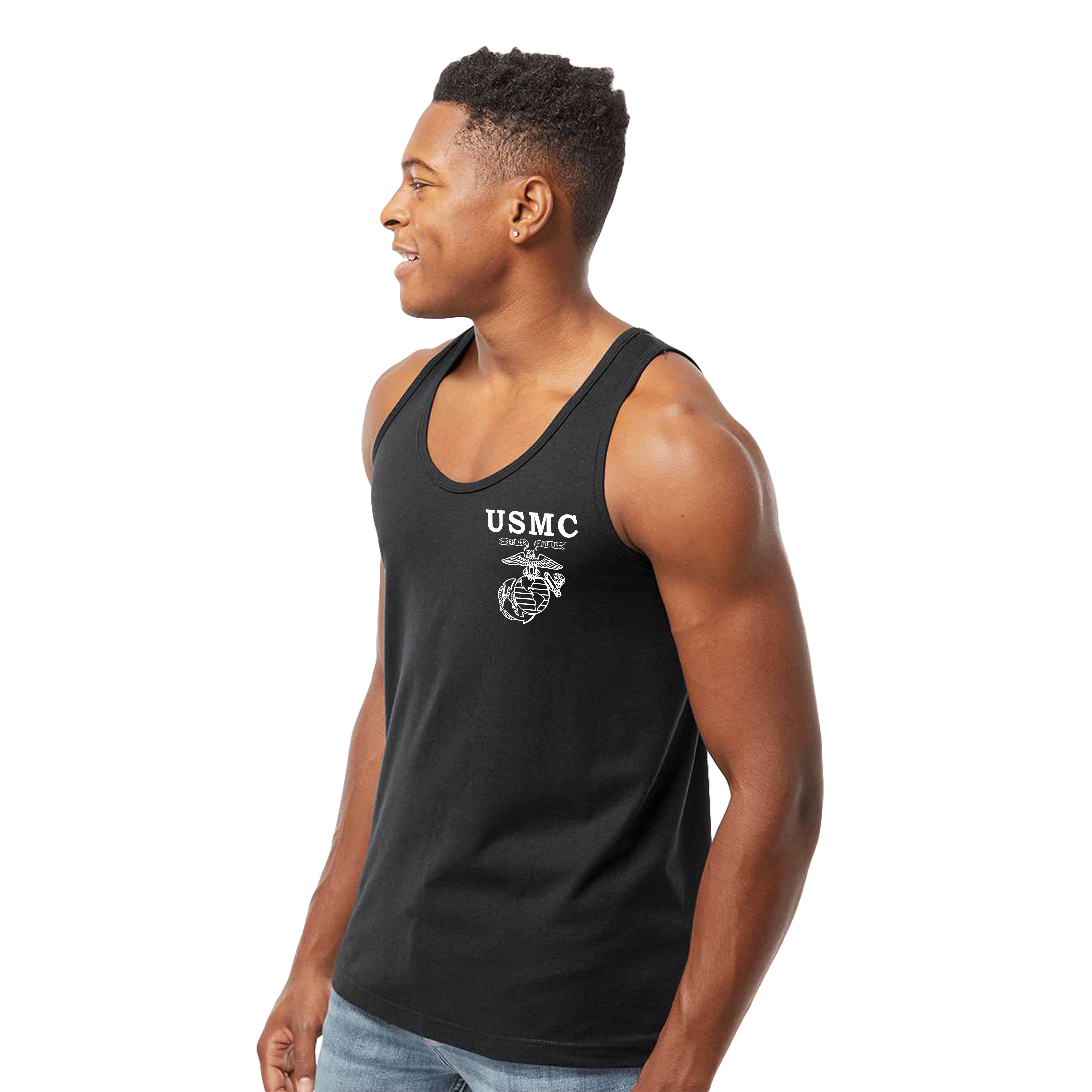 Men’s USMC tank top with front-left chest print featuring 'USMC' text, Semper Fidelis banner, and Eagle, Globe, and Anchor emblem in white.