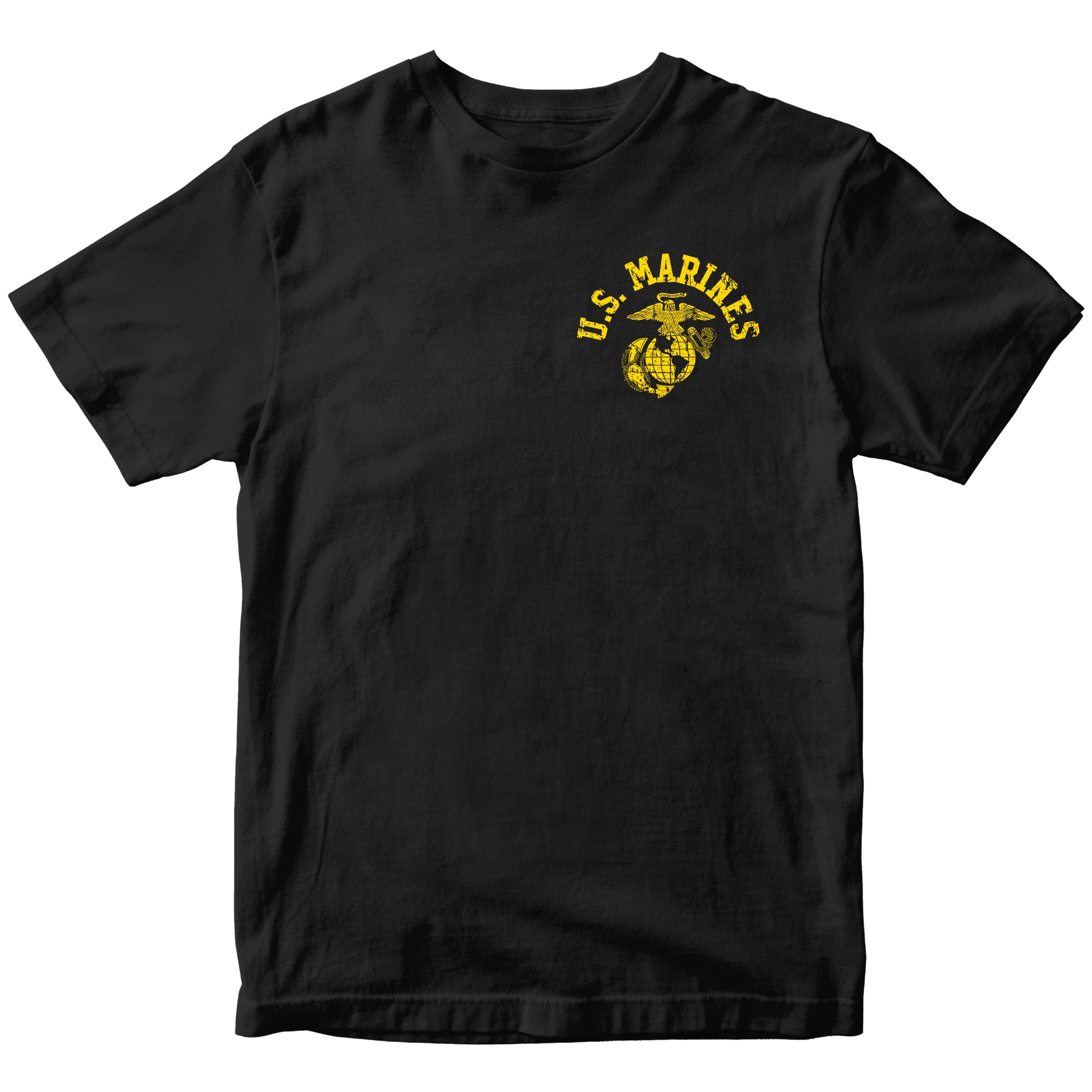 Black Marine Corps PT-style T-shirt featuring a small left-chest U.S. Marines arch and EGA emblem. USMC Tee