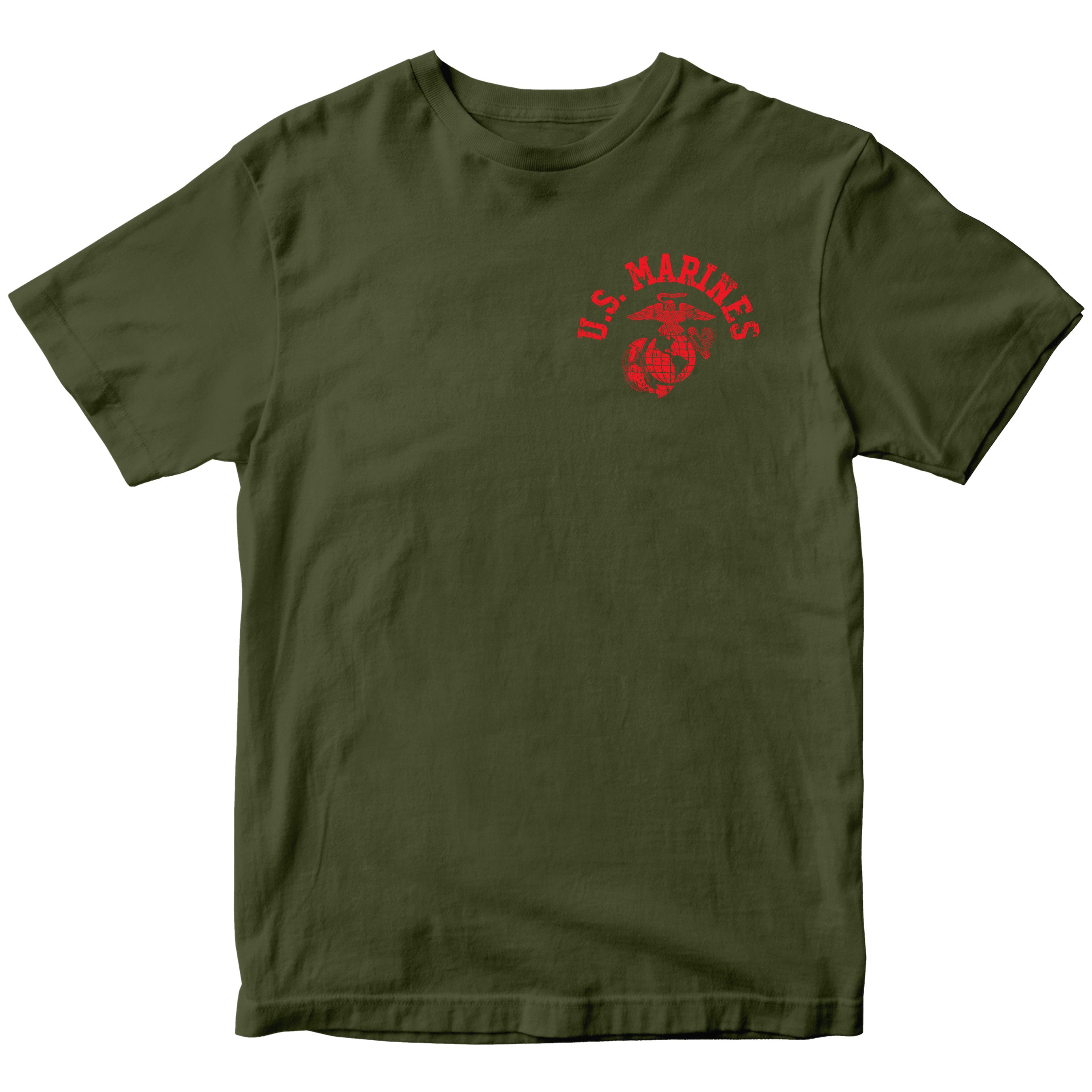 Green Marine Corps PT-style T-shirt featuring a small left-chest U.S. Marines arch and EGA emblem. USMC Tee