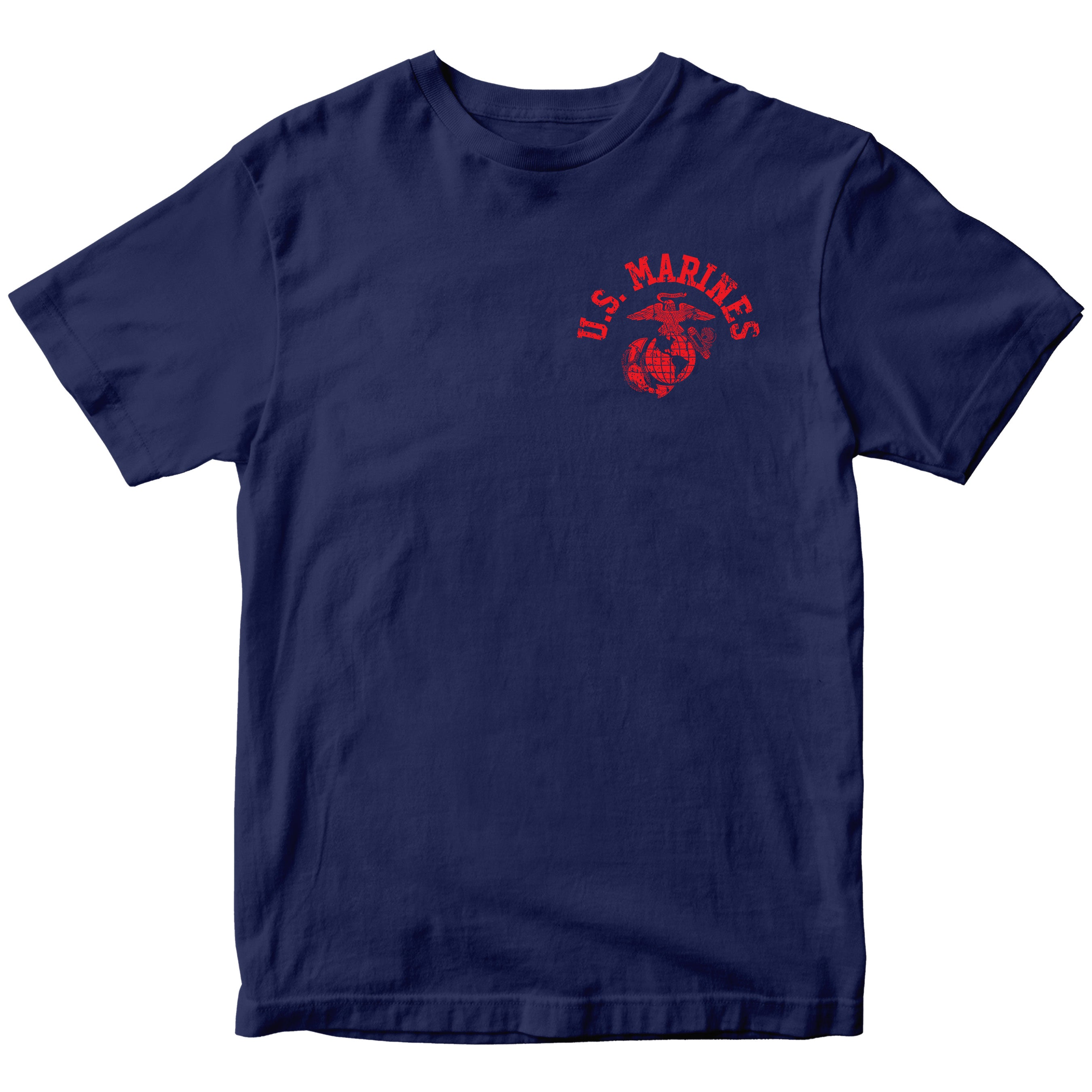 Navy Blue Marine Corps PT-style T-shirt featuring a small left-chest U.S. Marines arch and EGA emblem. USMC Tee